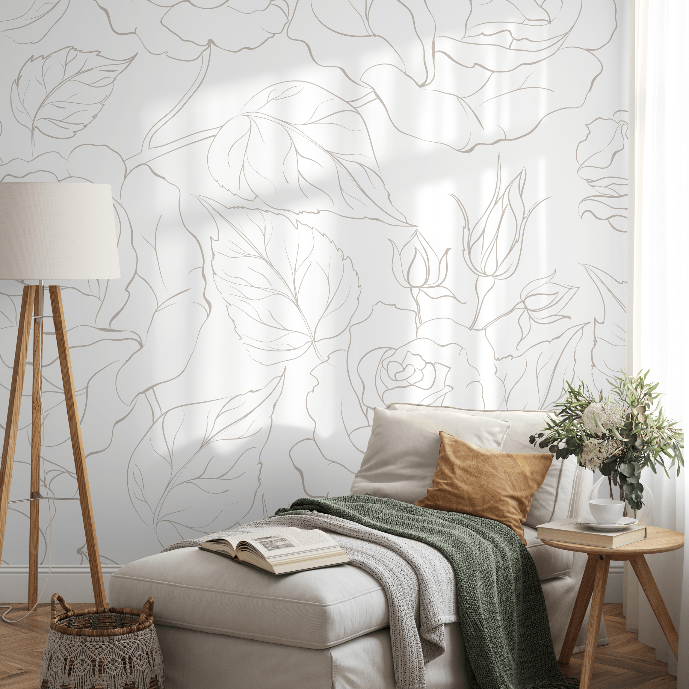 Floral Wallpaper With A Minimalist Peony Line Art In Beige - Zadp