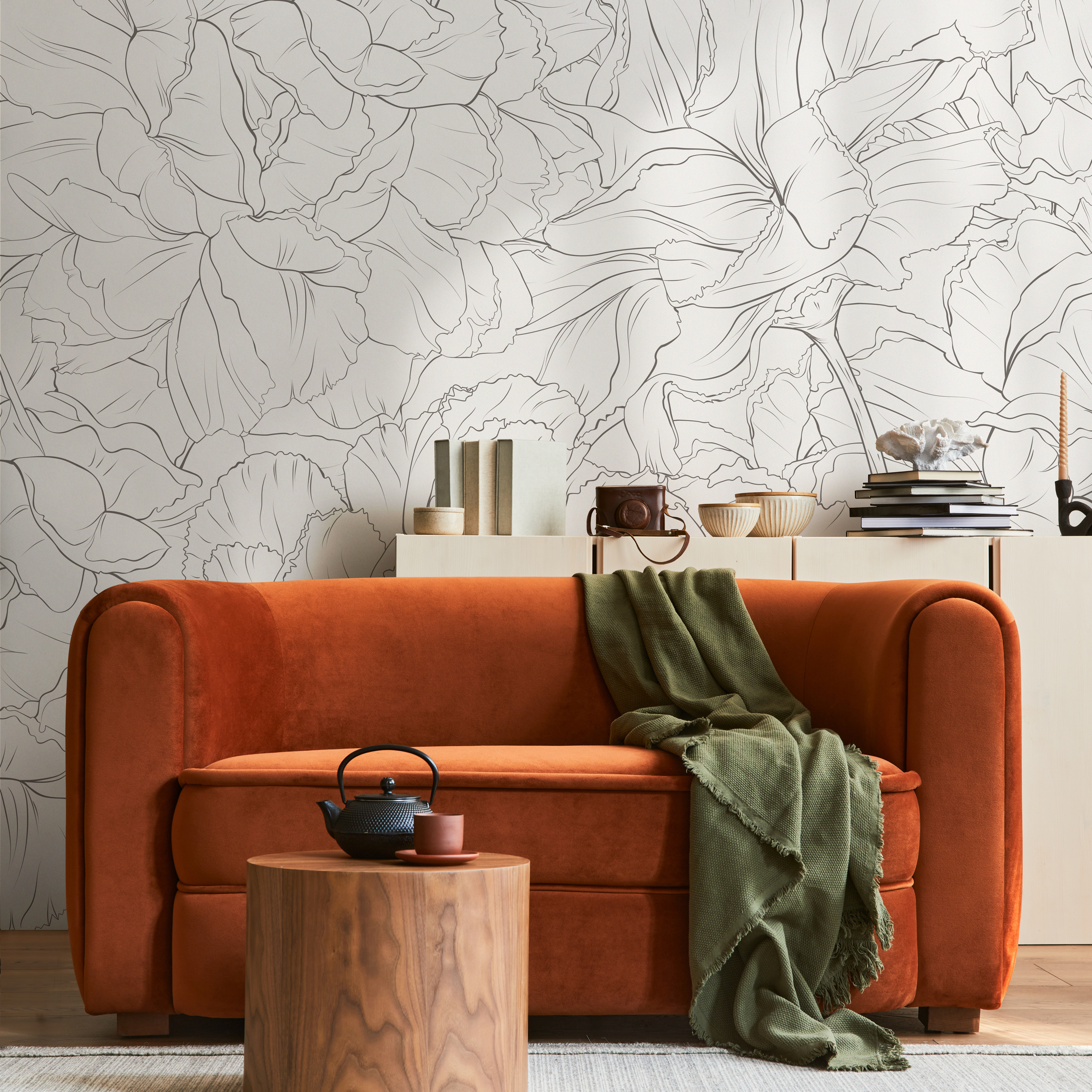 Floral Wallpaper Featuring Minimalist Peony Outlines In Black And White - Zadt