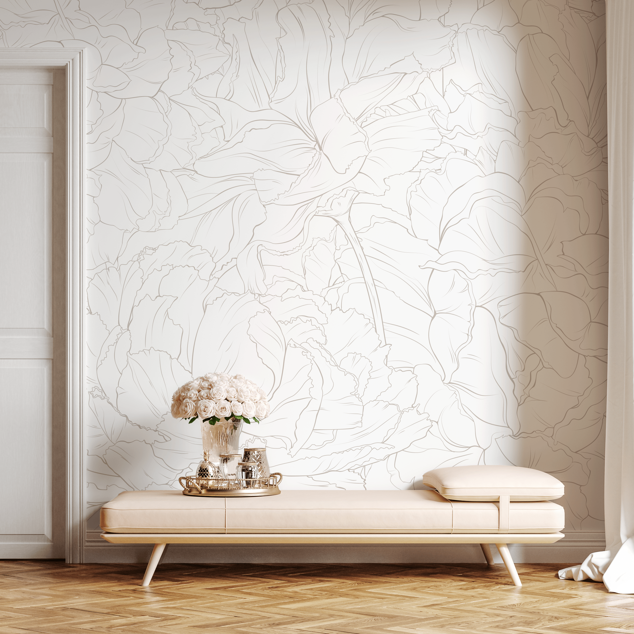 Floral Wallpaper Featuring A Minimalist Peony Outline In Taupe - Zadu
