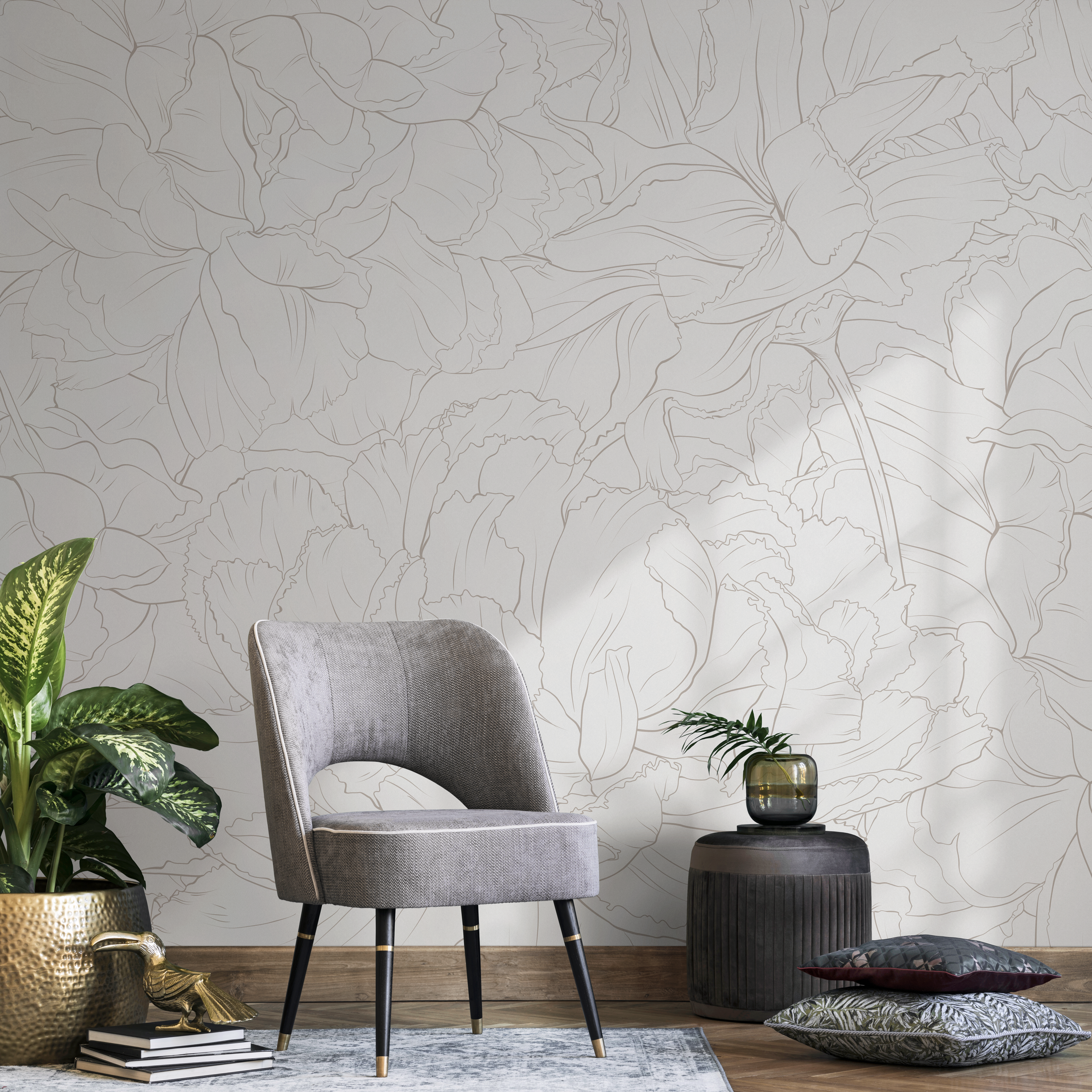 Floral Wallpaper Featuring A Minimalist Peony Outline In Taupe - Zadu
