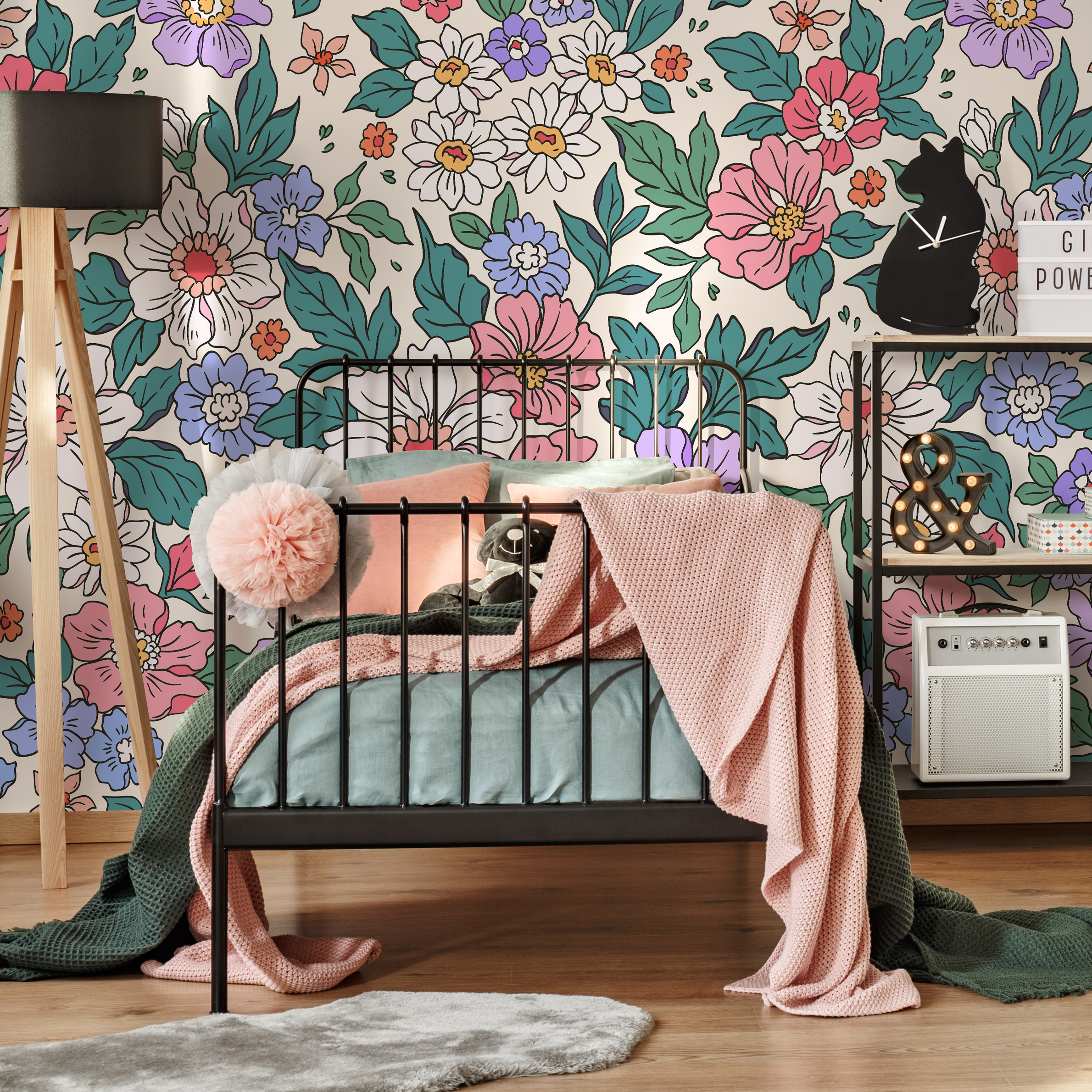Floral Wallpaper With Retro Style Blooms In Pink, Purple, And Green - Zadv