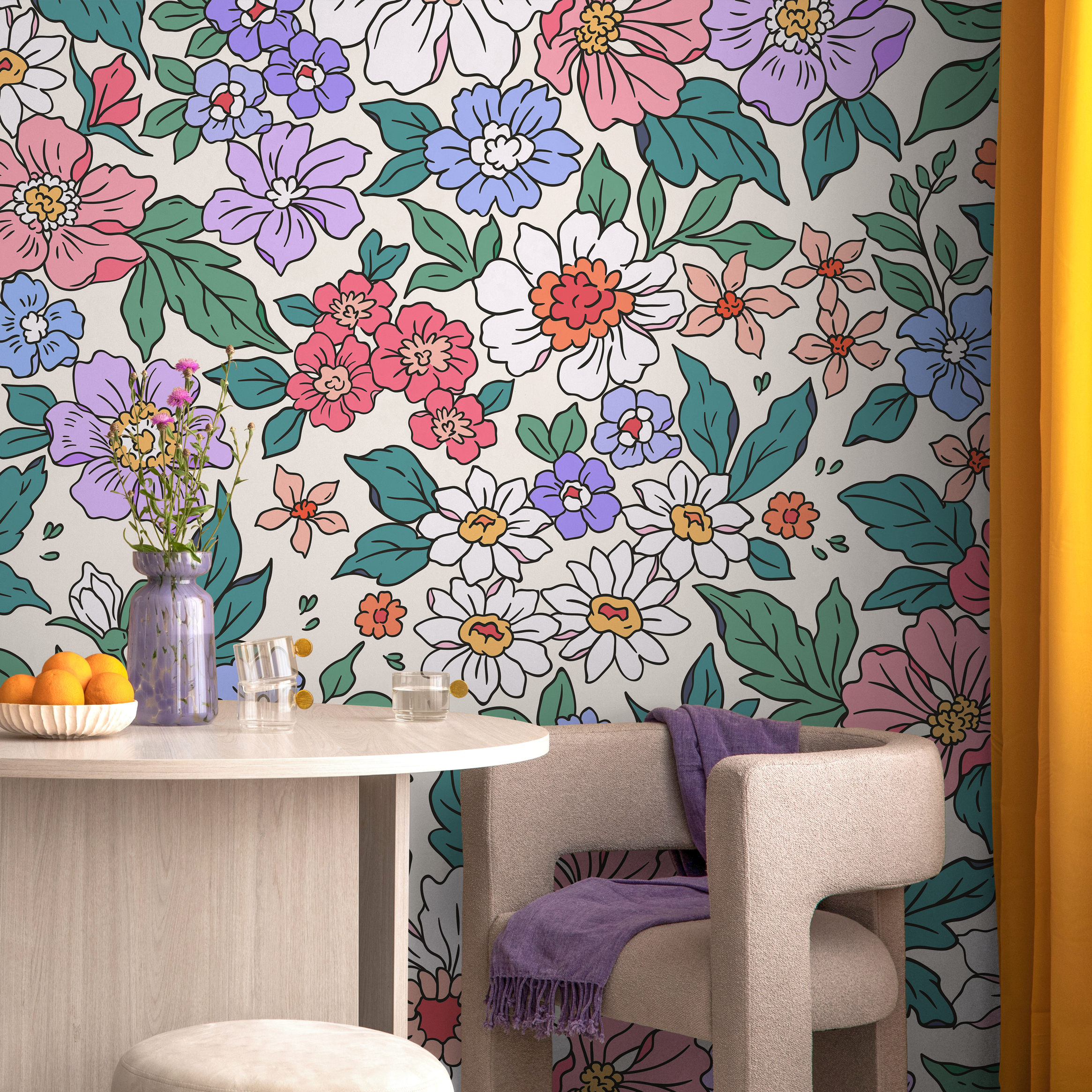 Floral Wallpaper With Retro Style Blooms In Pink, Purple, And Green - Zadv
