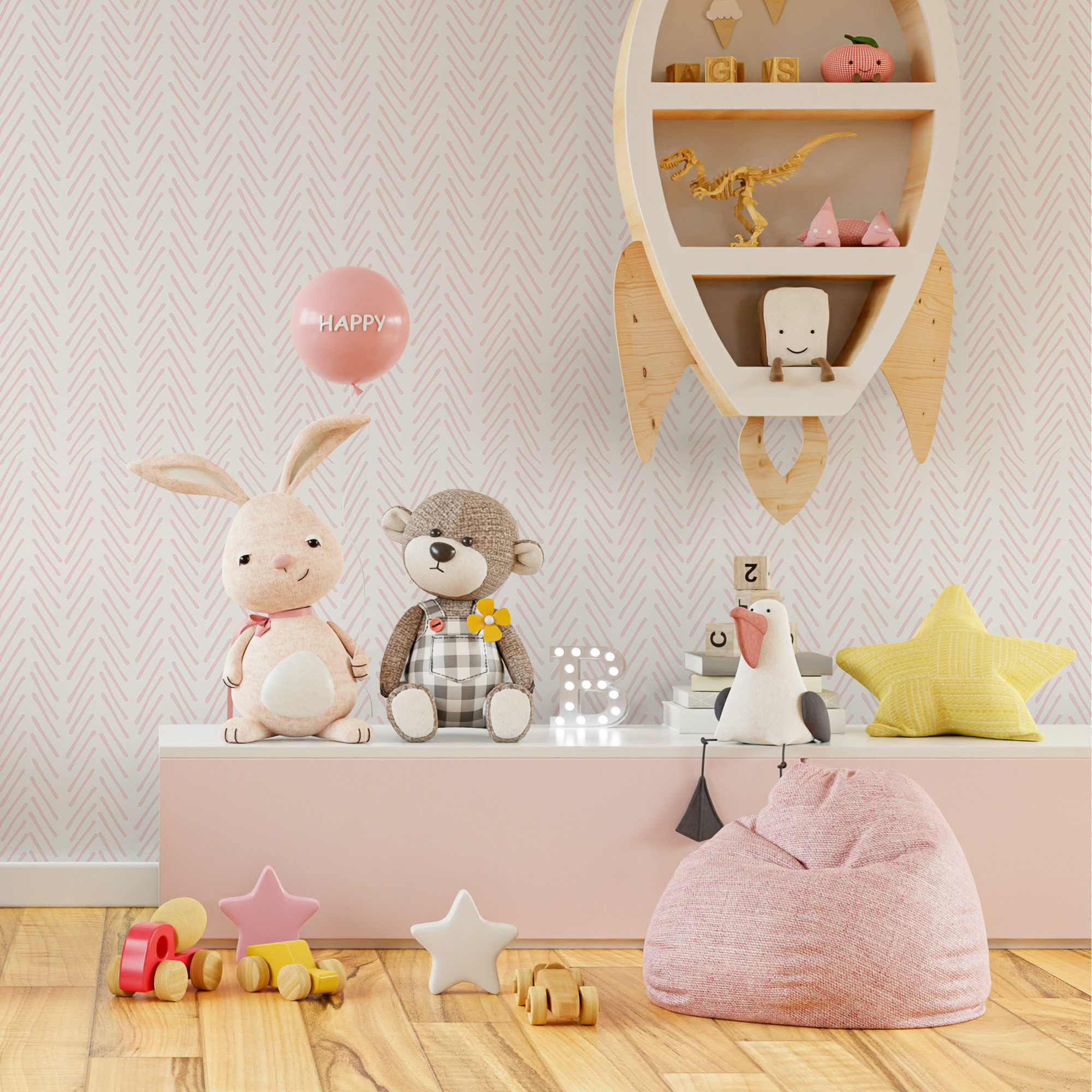 Boho Wallpaper With A Hand-drawn Herringbone In Pink - Zadw