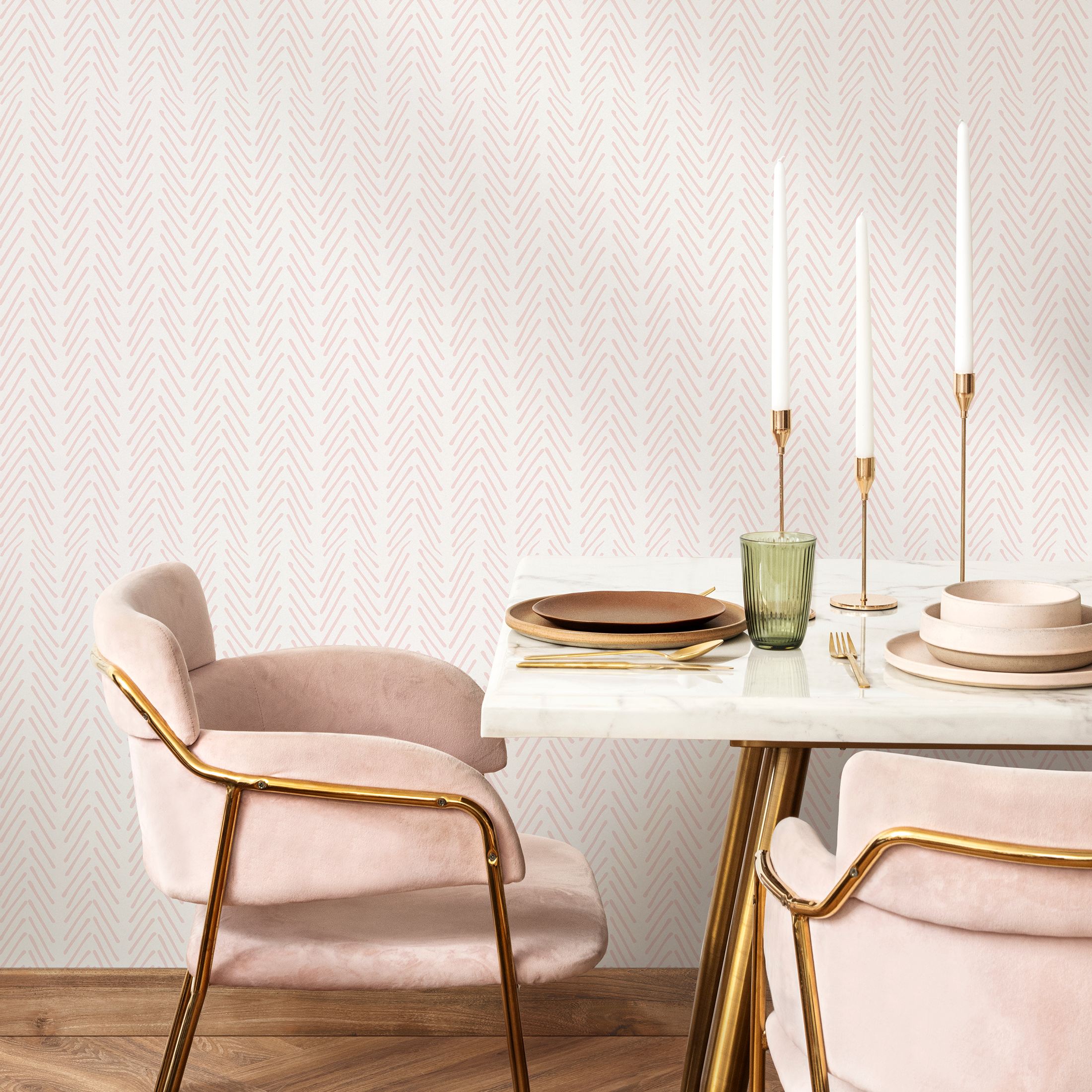 Boho Wallpaper With A Hand-drawn Herringbone In Pink - Zadw