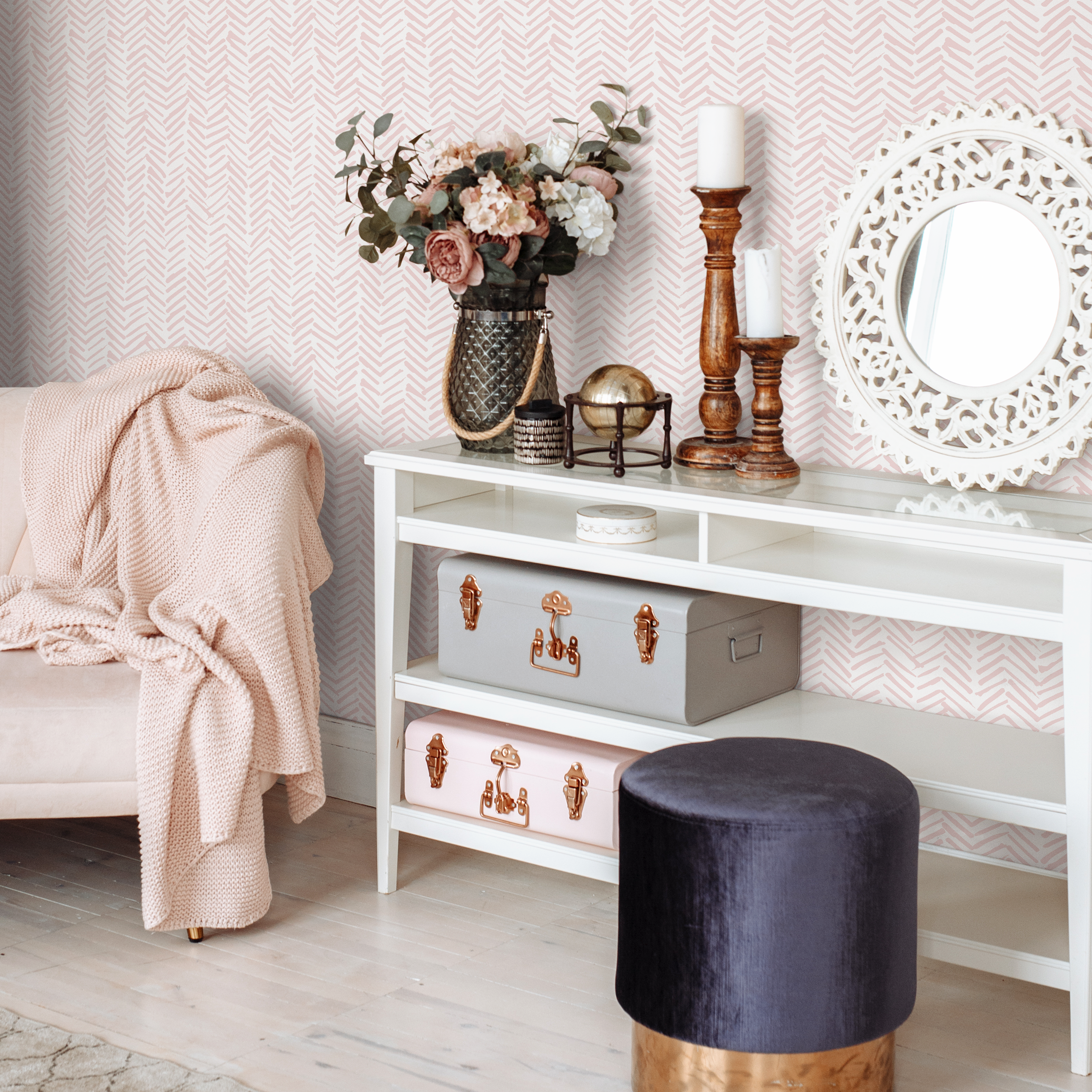 Herringbone Wallpaper With A Hand-drawn Motif In Soft Pink - Zady