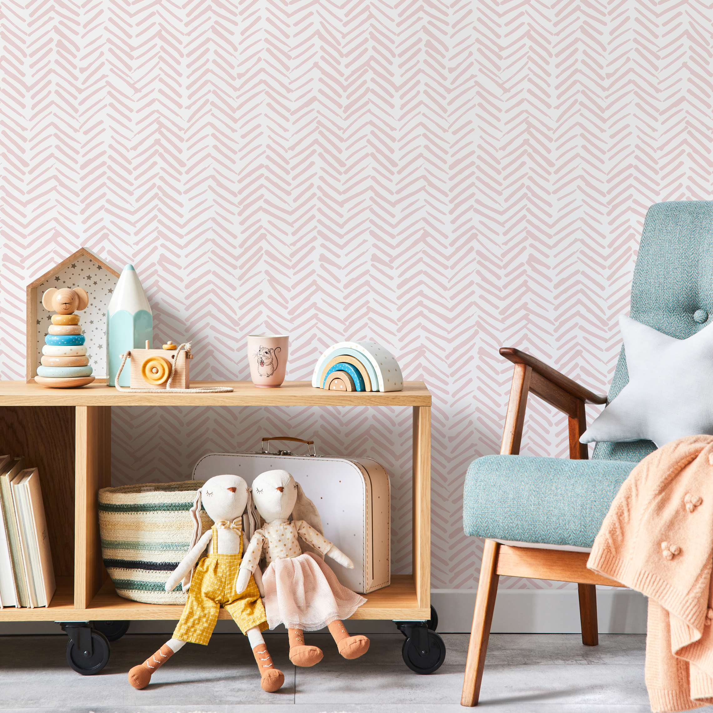 Herringbone Wallpaper With A Hand-drawn Motif In Soft Pink - Zady