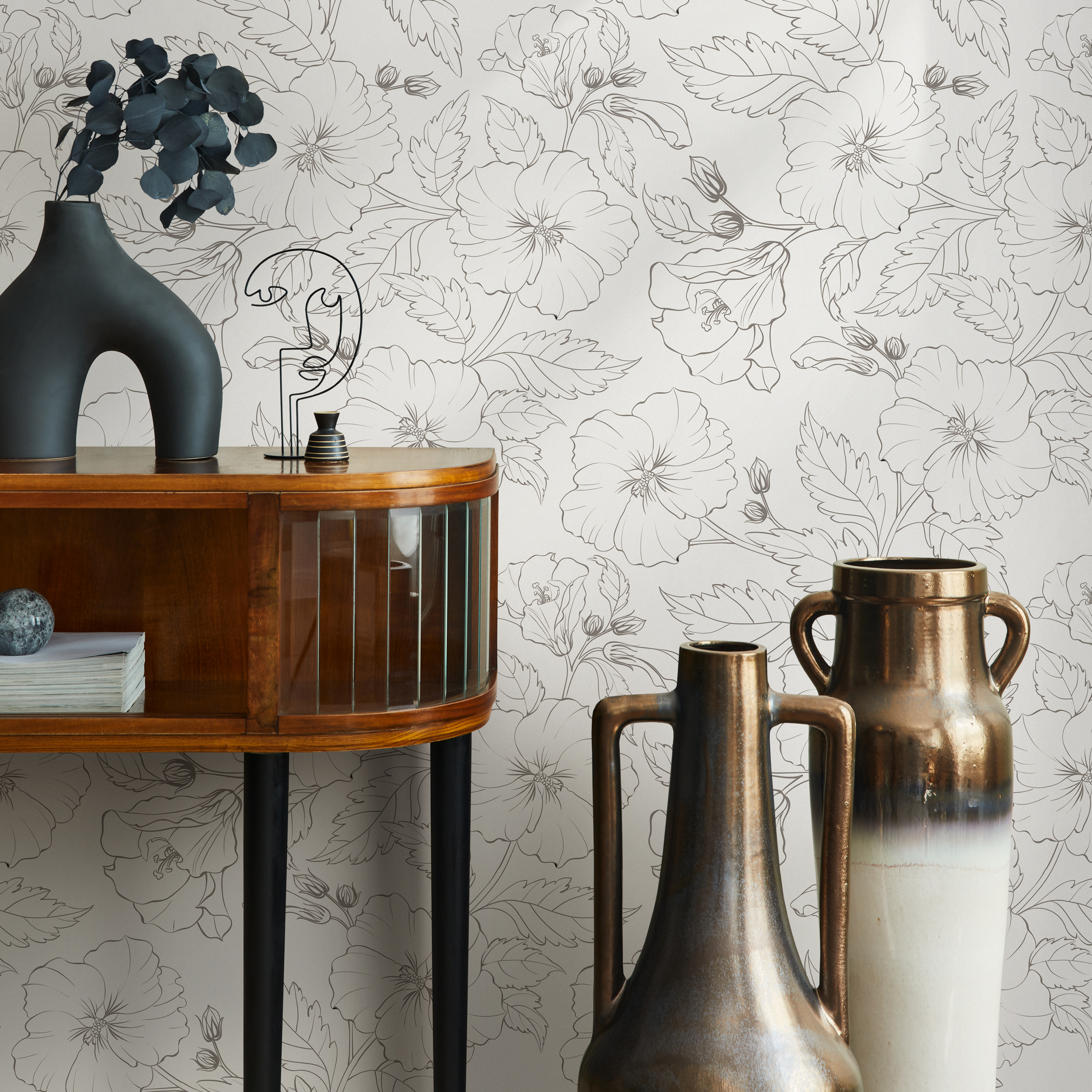 Floral Wallpaper Featuring Hand-drawn Peonies In Black And White - Zaea