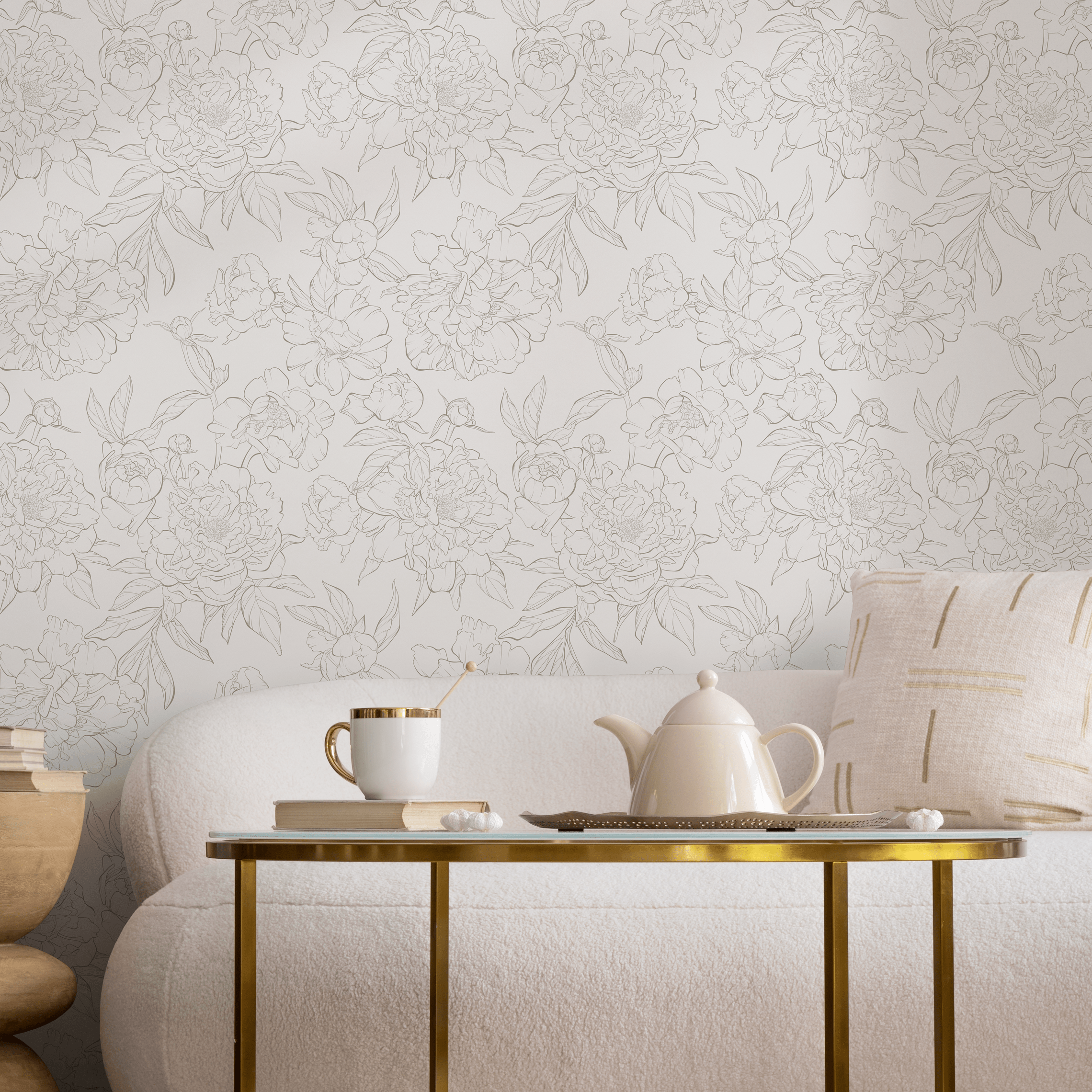 Floral Wallpaper With A Minimalist Peony Line Art In Brown And Cream - Zaef