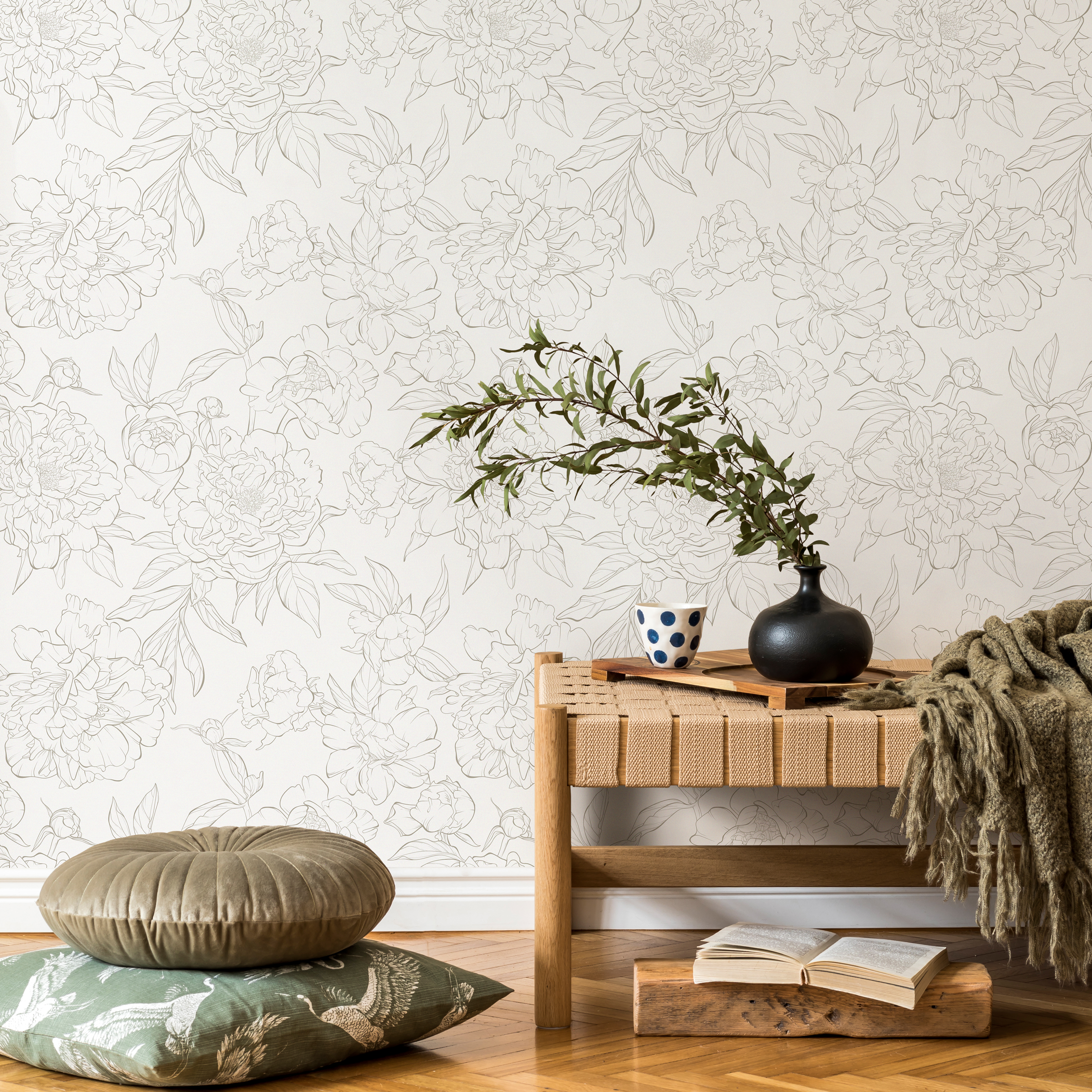 Floral Wallpaper With A Minimalist Peony Line Art In Brown And Cream - Zaef