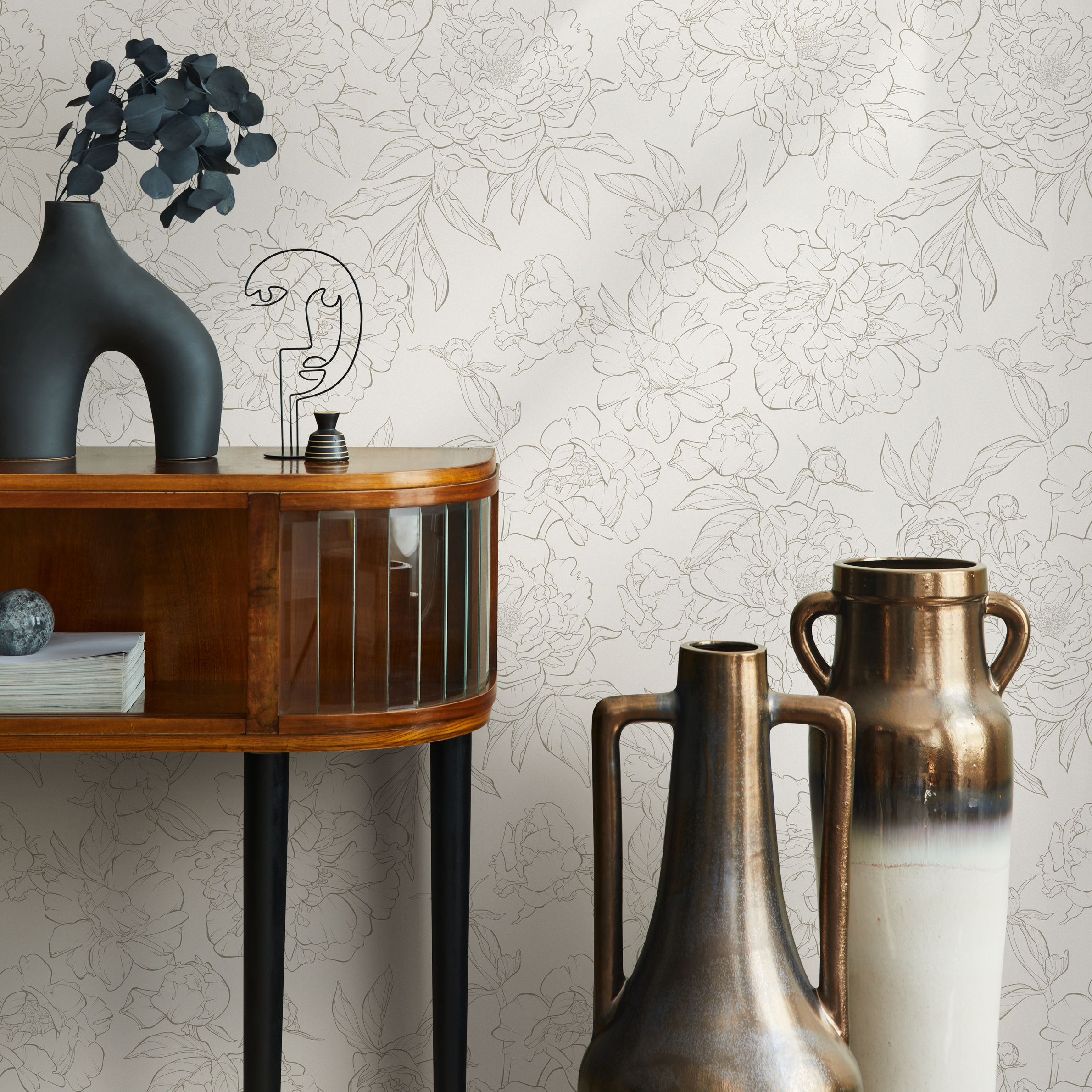 Floral Wallpaper With A Minimalist Peony Line Art In Brown And Cream - Zaef