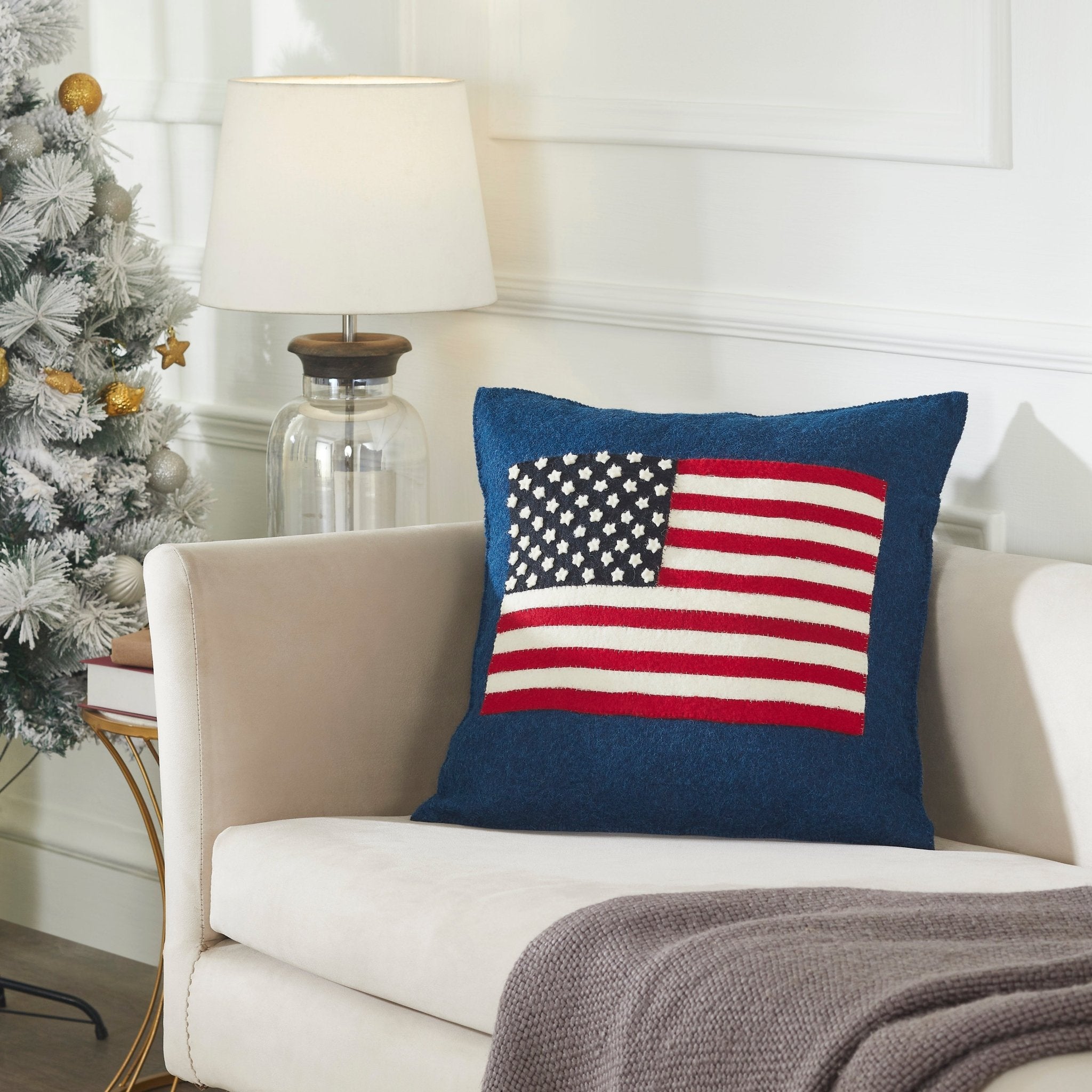 American Flag Hand Felted Wool Pillow - Navy Blue -20"