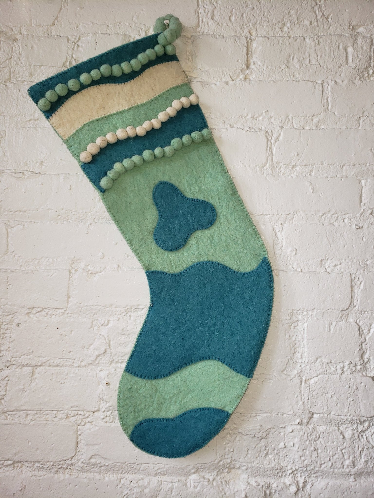 Amoeba Christmas Stocking Hand Felted Wool-blue/cream