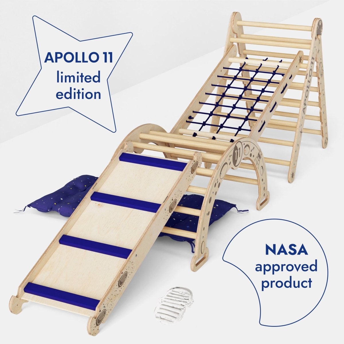 Apollo 5in1 Climbing Set: Pikler Triangle, Net, Arch, Slide Board, And Cushion For Little Astronauts