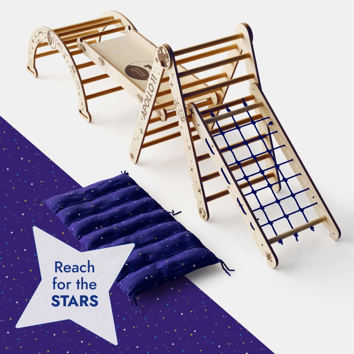 Apollo 5in1 Climbing Set: Pikler Triangle, Net, Arch, Slide Board, And Cushion For Little Astronauts