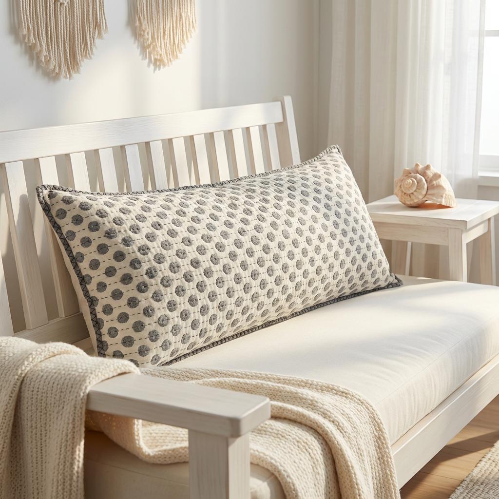 Artisan Hand Loomed Cotton Lumbar Pillow - Gray Dots - 16"x48"