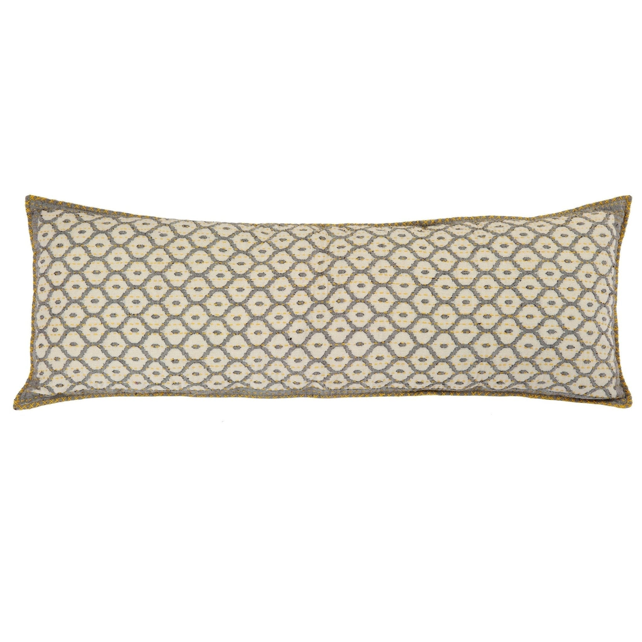 Artisan Hand Loomed Cotton Lumbar Pillow - Gray Yellow Stitching - 16"x48"