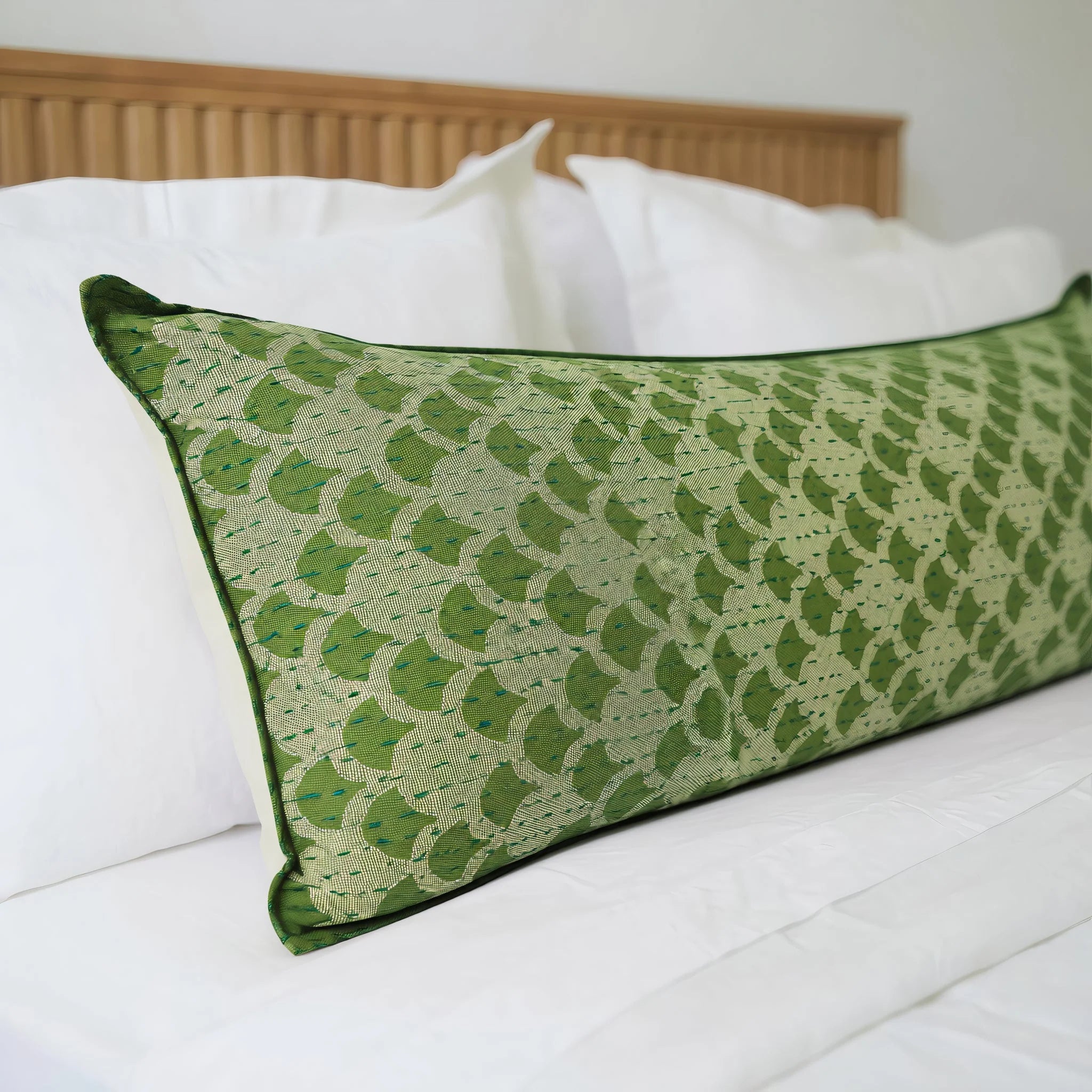 Artisan Hand Loomed Cotton Lumbar Pillow - Green Ginkgo - 16"x48"