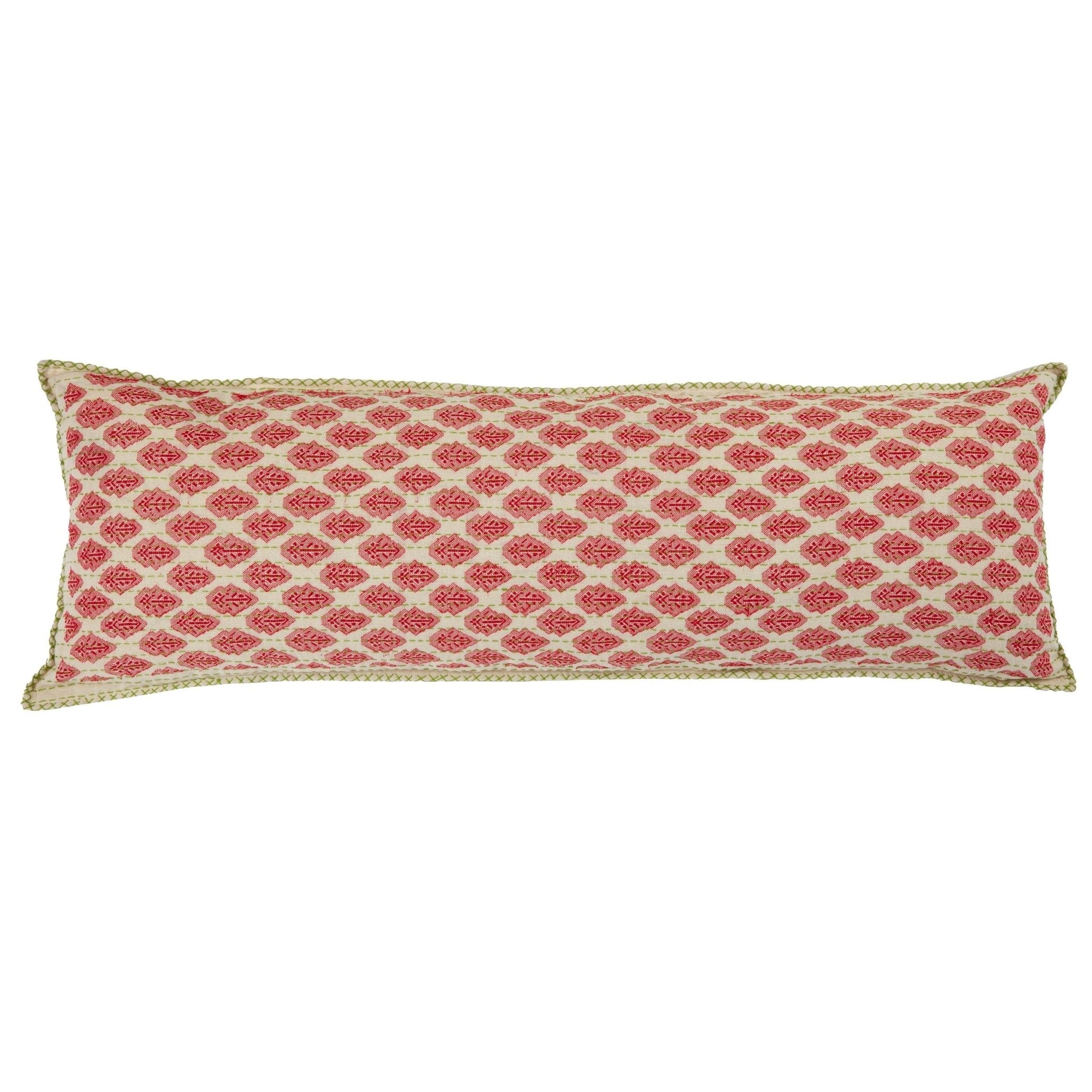 Artisan Hand Loomed Cotton Lumbar Pillow - Red Green Stitching - 16"x48"