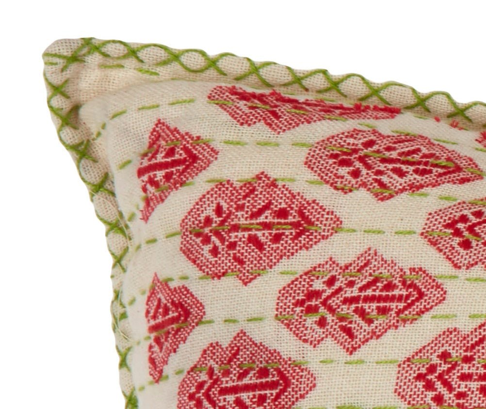 Artisan Hand Loomed Cotton Lumbar Pillow - Red Green Stitching - 16"x48"