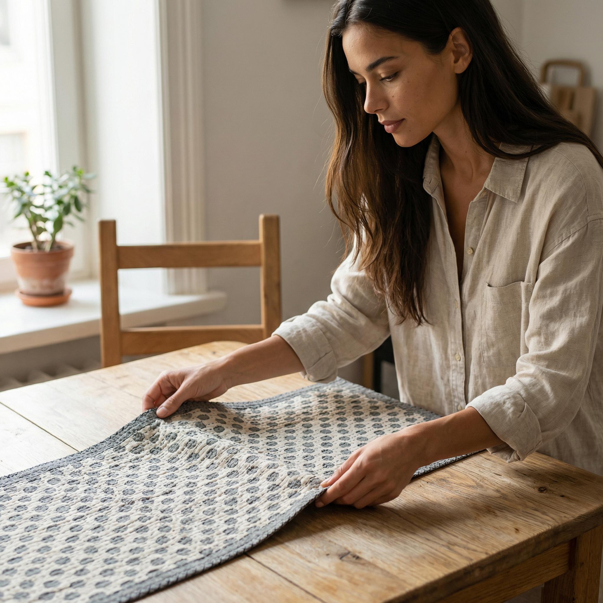 Artisan Hand Loomed Cotton Table Runner - Gray Dots - 18"x96"