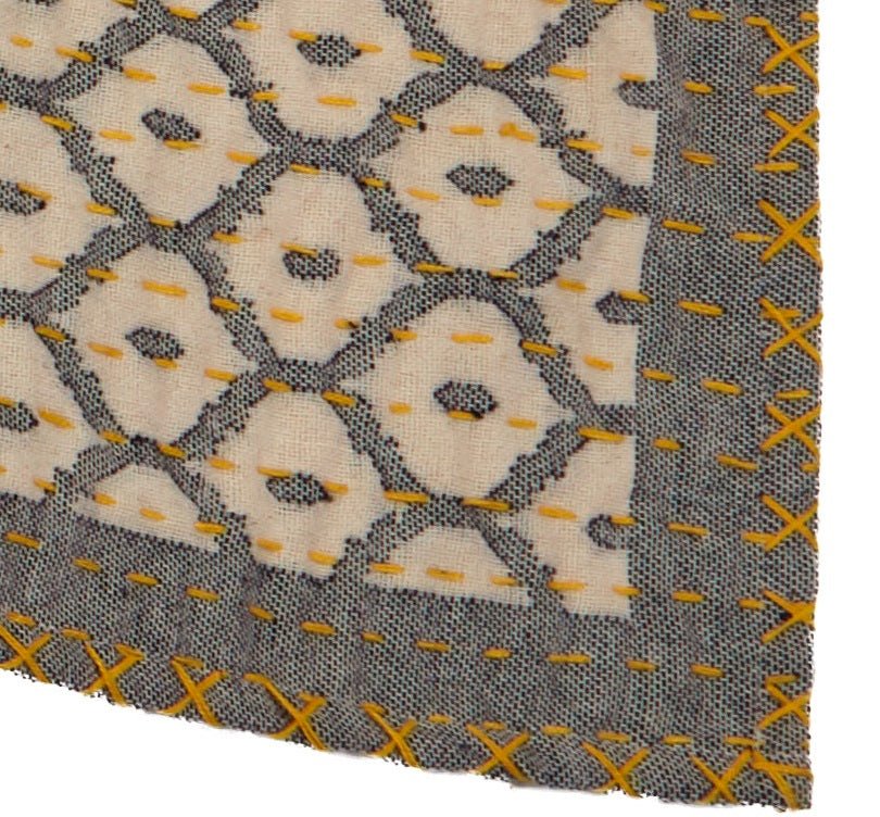 Artisan Hand Loomed Cotton Table Runner - Gray Yellow Stitching - 18"x96"