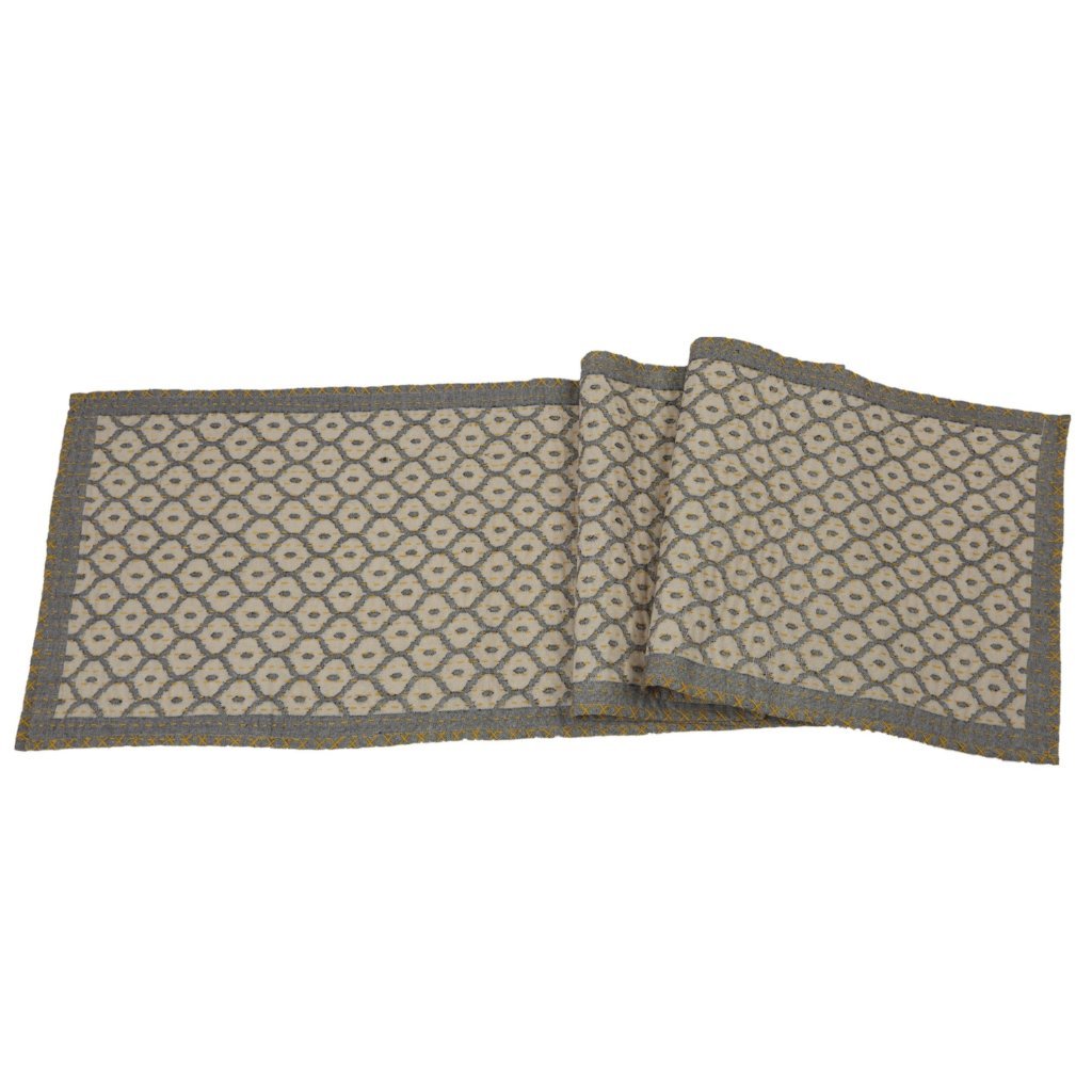 Artisan Hand Loomed Cotton Table Runner - Gray Yellow Stitching - 18"x96"