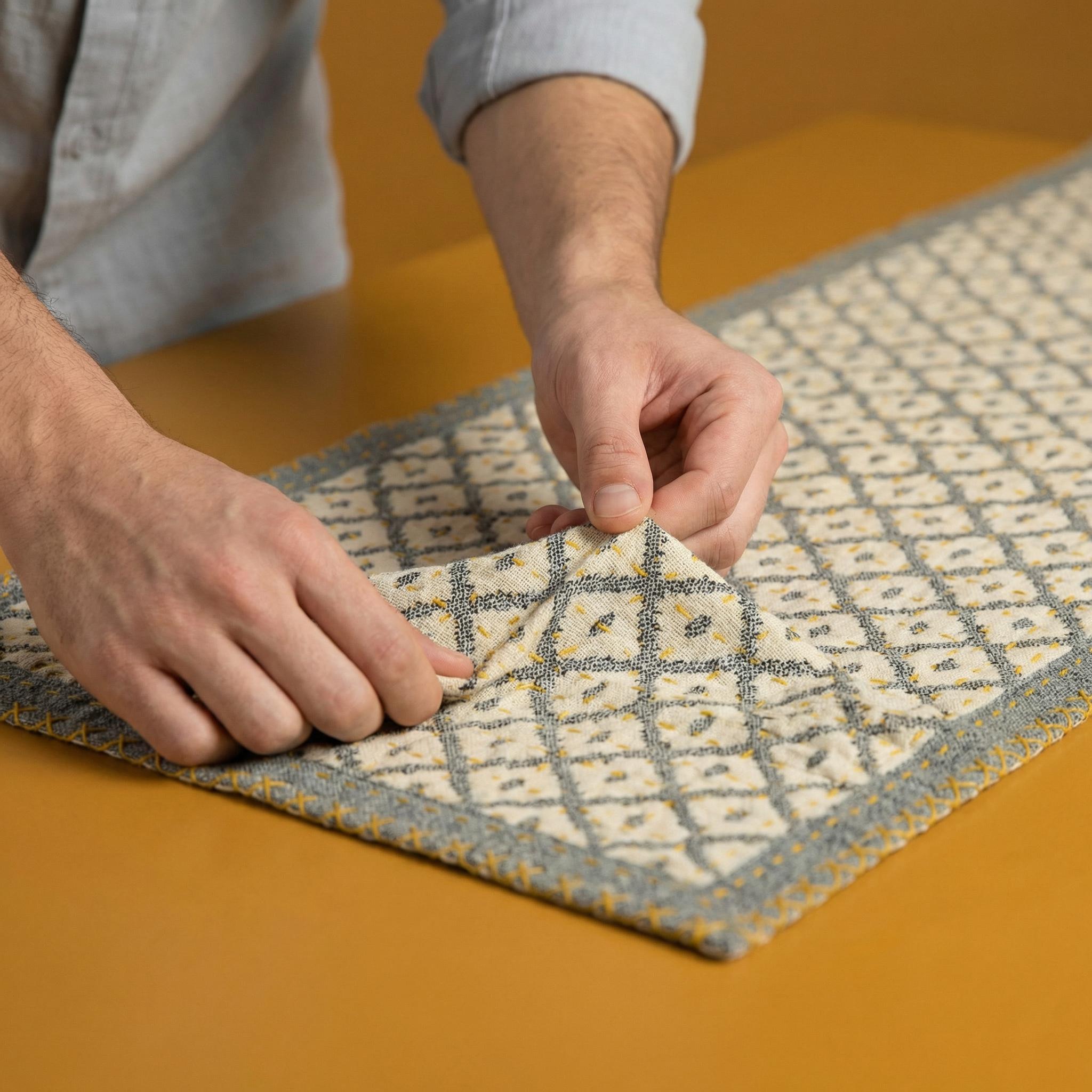 Artisan Hand Loomed Cotton Table Runner - Gray Yellow Stitching - 18"x96"