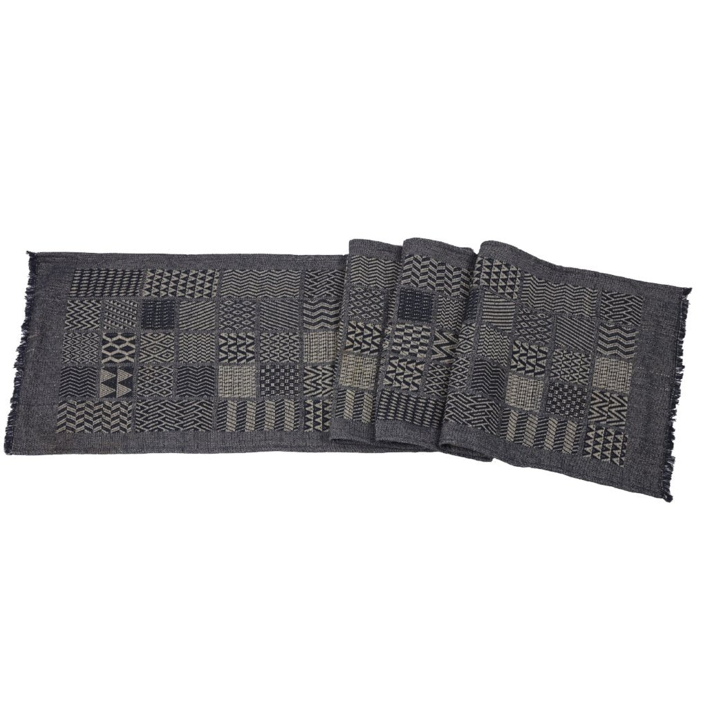 Artisan Hand Loomed Cotton Table Runner - Indigo Blocks - 18"x96"
