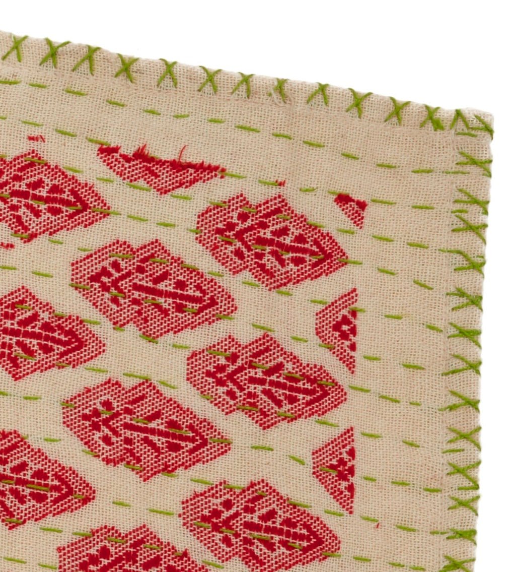 Artisan Hand Loomed Cotton Table Runner - Red Green Stitching - 18"x96"