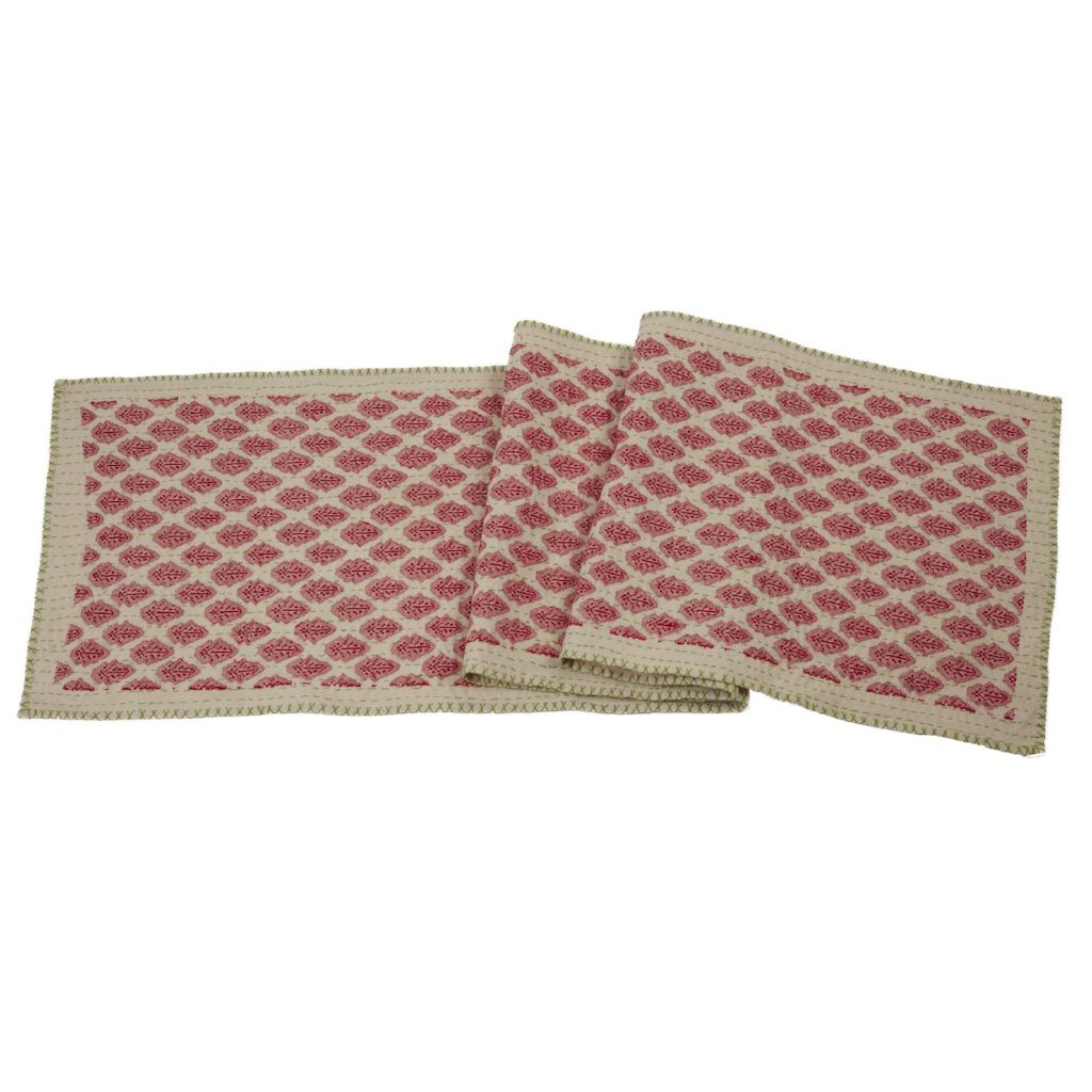 Artisan Hand Loomed Cotton Table Runner - Red Green Stitching - 18"x96"