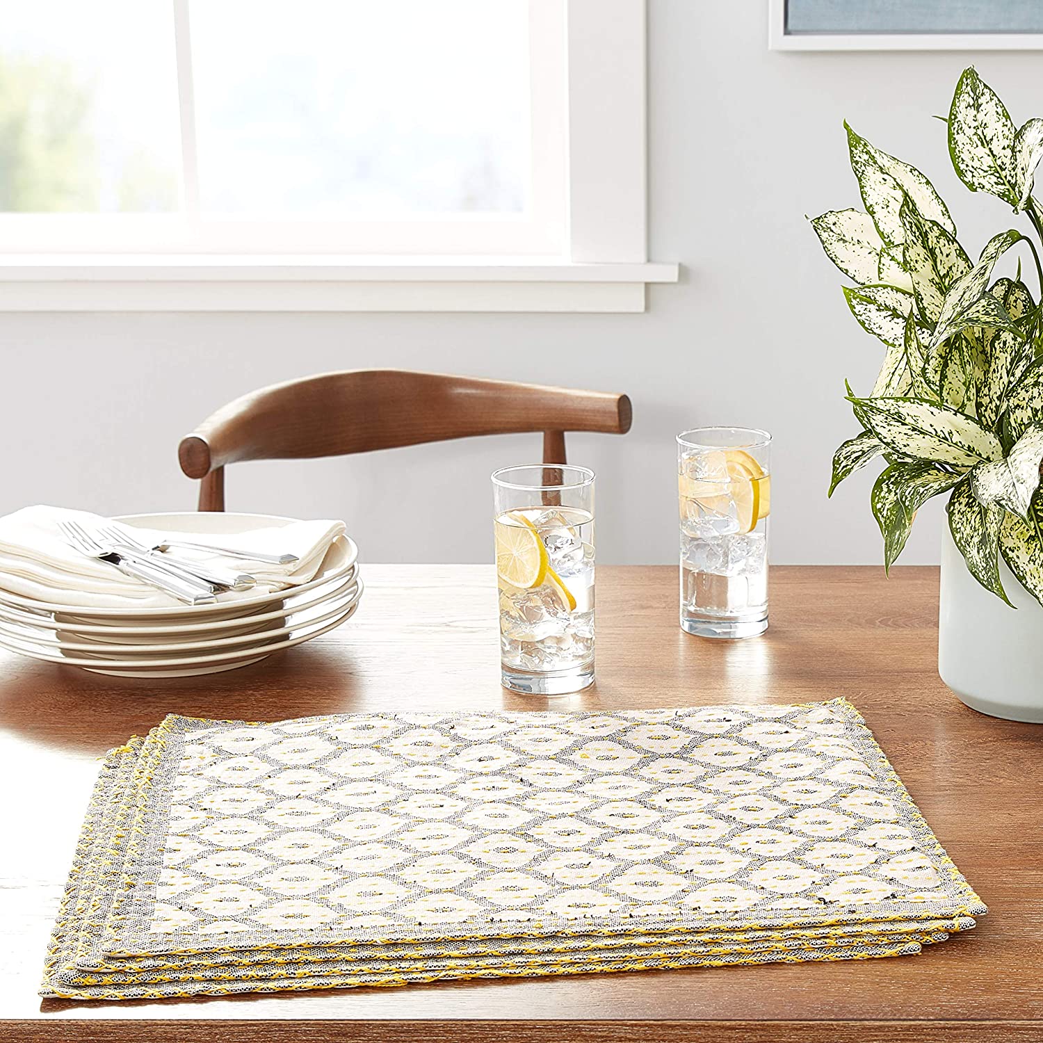 Artisan Hand Loomed Placemat - Gray Yellow Stitching - 14" X 19"- Set Of 4