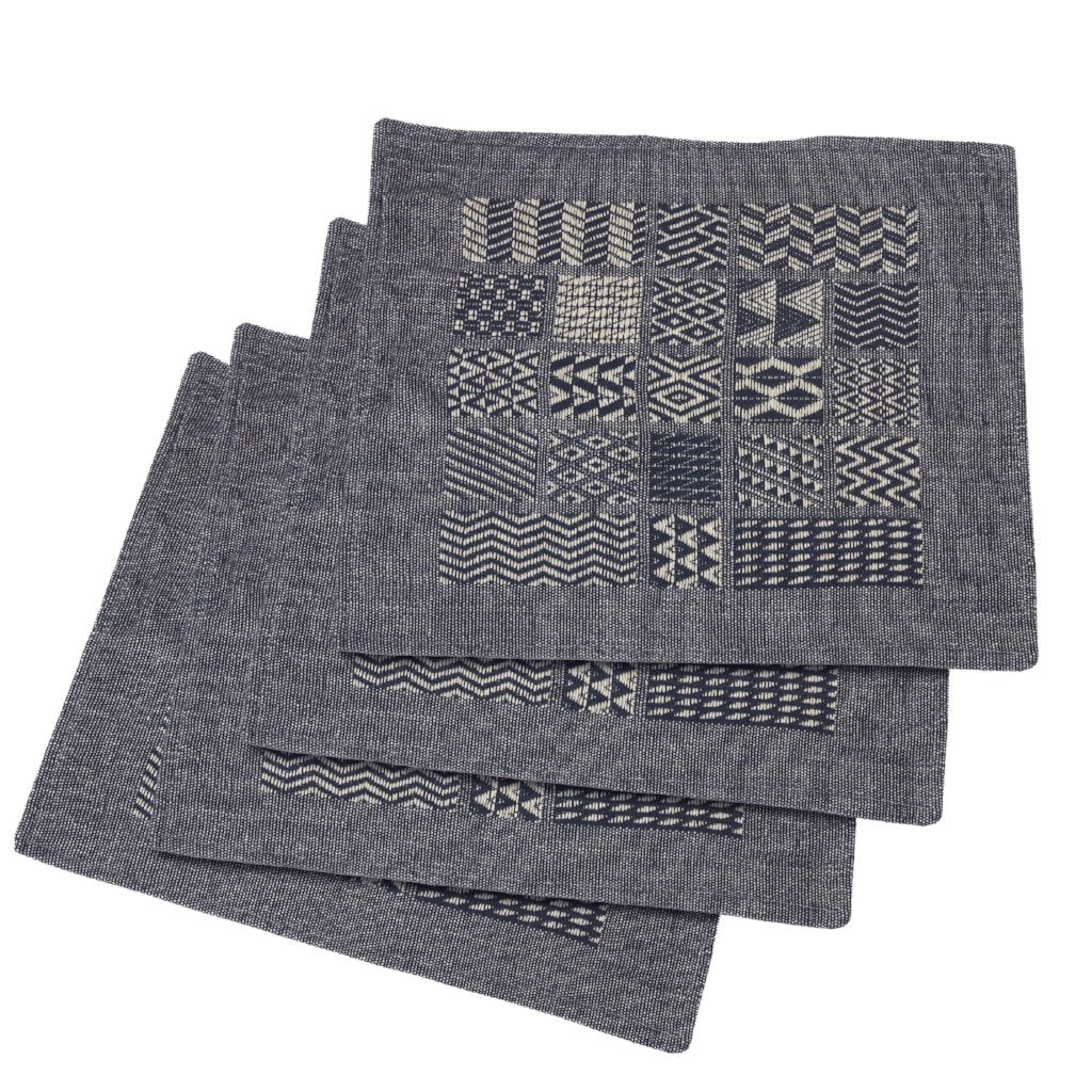 Artisan Hand Loomed Placemat - Indigo Blocks - 14" X 19"- Set Of 4