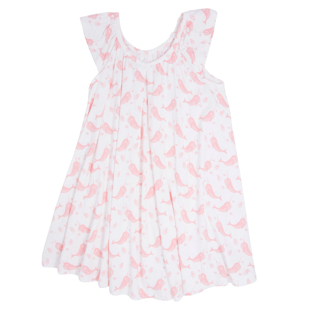 Sweet Bamboo Baby Doll Dress – Pink Narwhal Print, Cap Sleeve