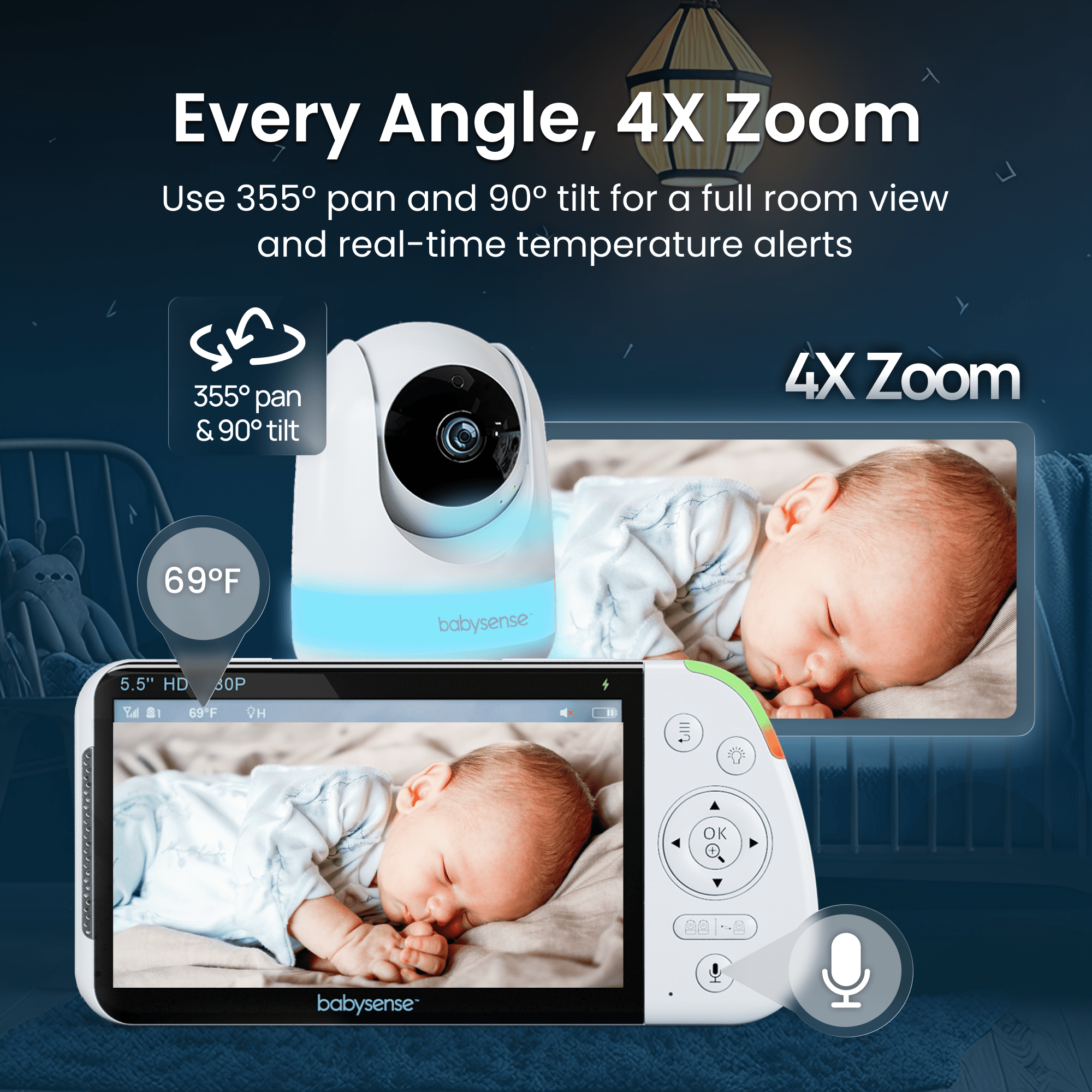 Babysense Max View: Video Baby Monitor With 1 Or 2 Cameras, Non Wifi, Split Screen, Night Light & Sound Machine