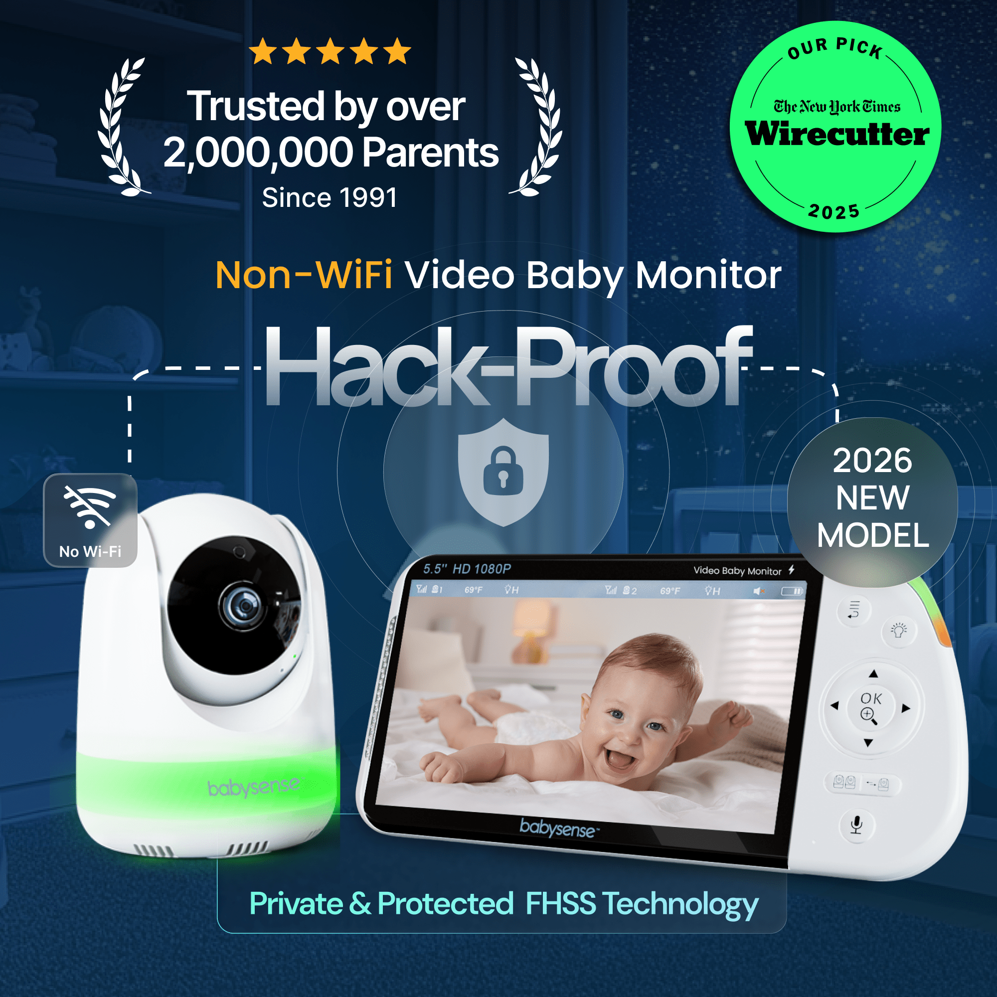 Babysense Max View: Video Baby Monitor With 1 Or 2 Cameras, Non Wifi, Split Screen, Night Light & Sound Machine