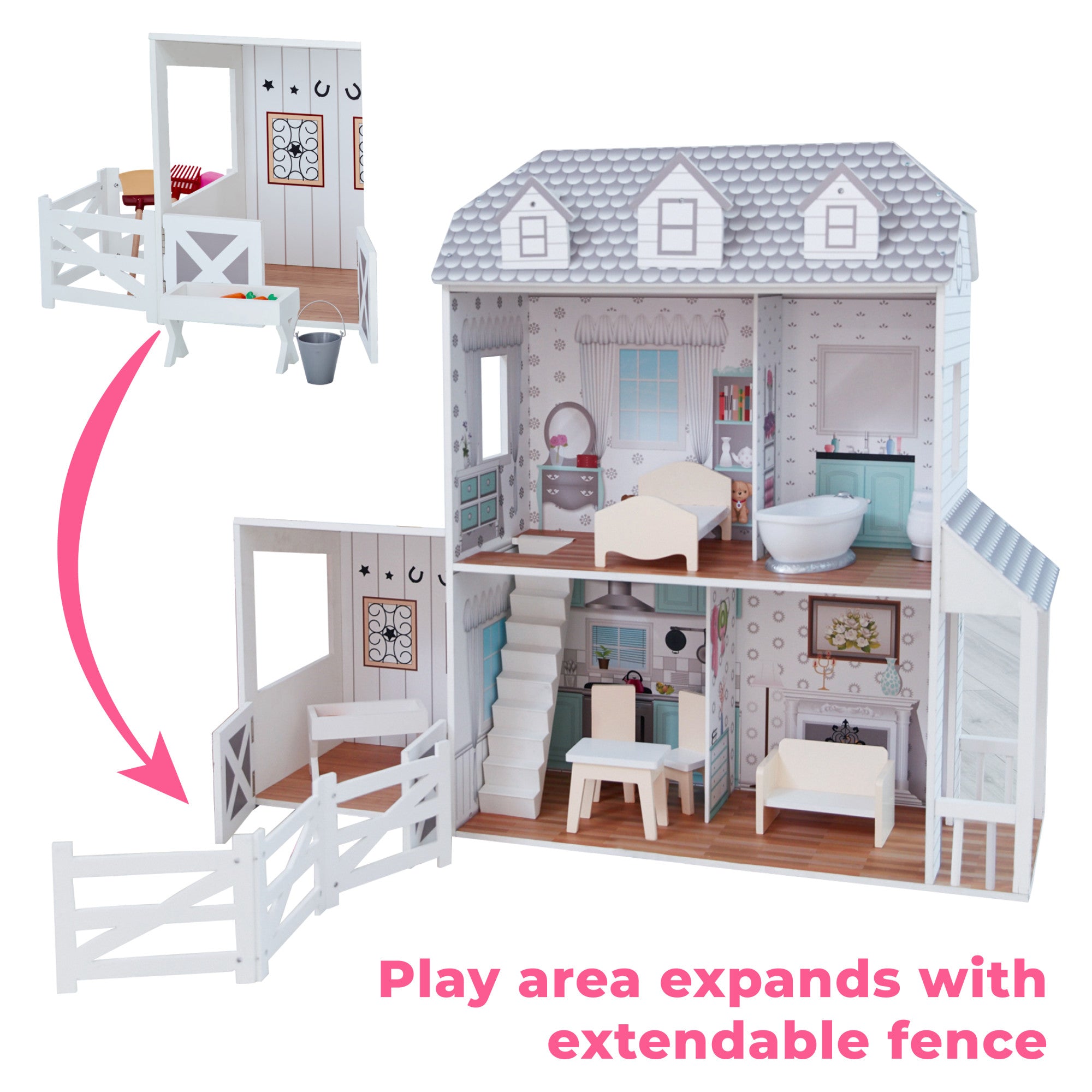 Dreamland Farm Dollhouse With 14 Accessories, White/gray