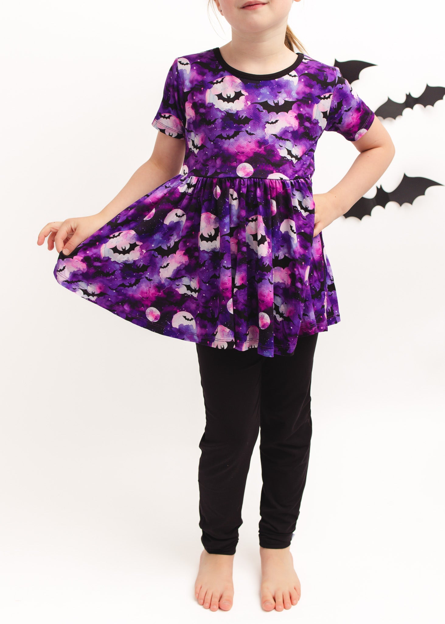 Halloween | Twilight Bats | Bamboo Toddler & Girls Peplum Top & Leggings Set