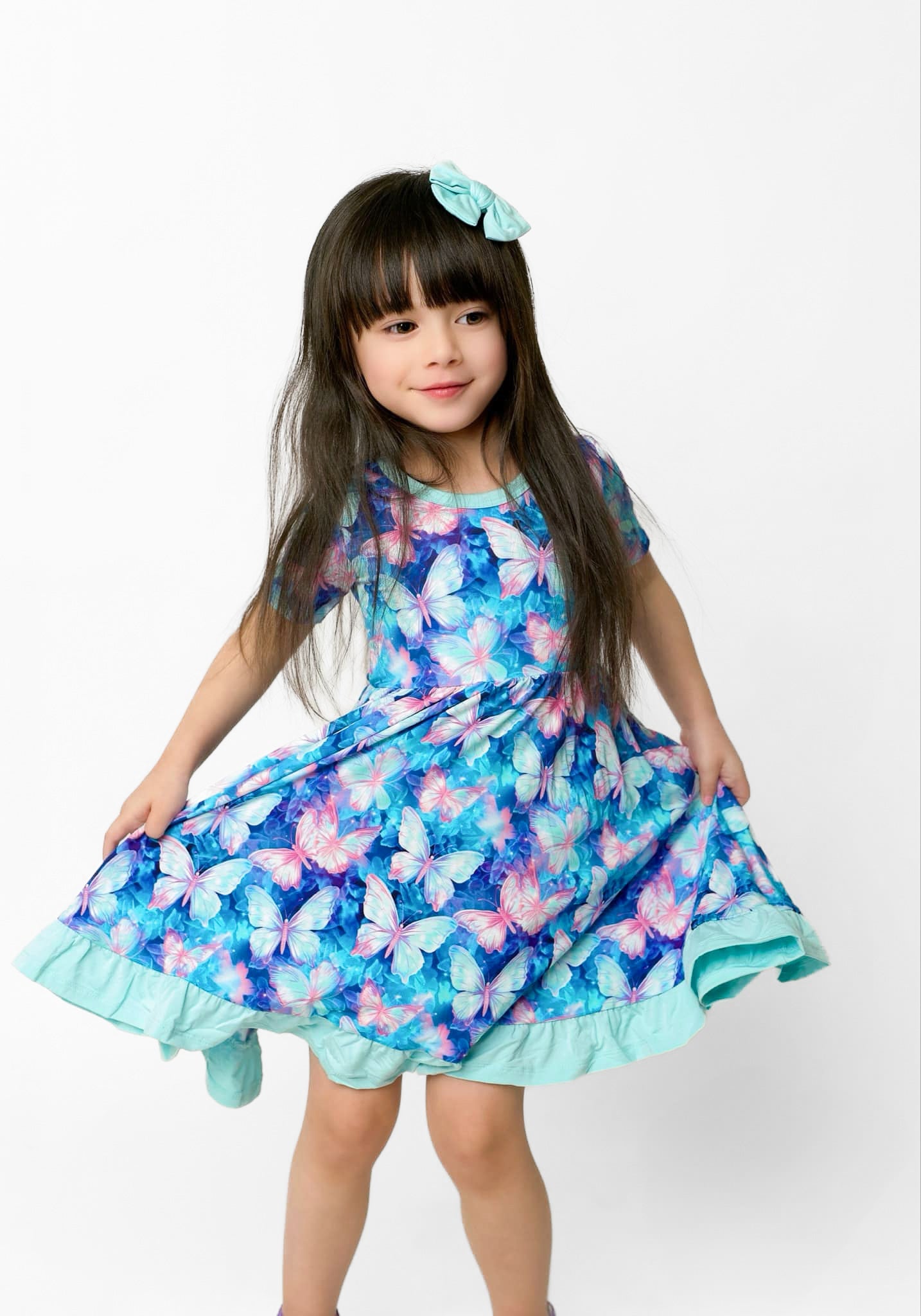 Electric Butterflies | Toddler & Girls Bamboo Ruffle Twirl Dress