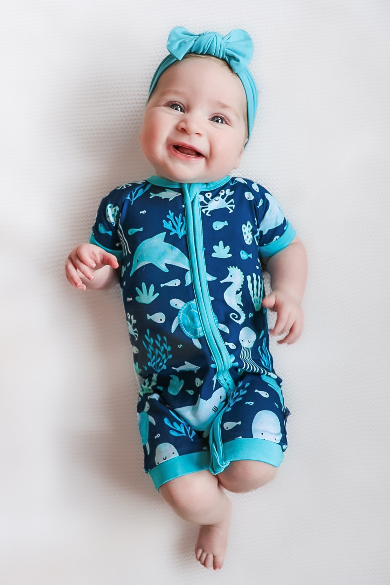 Little Popp Crew Bamboo Baby Romper – Ocean Pals Print, Short Sleeve