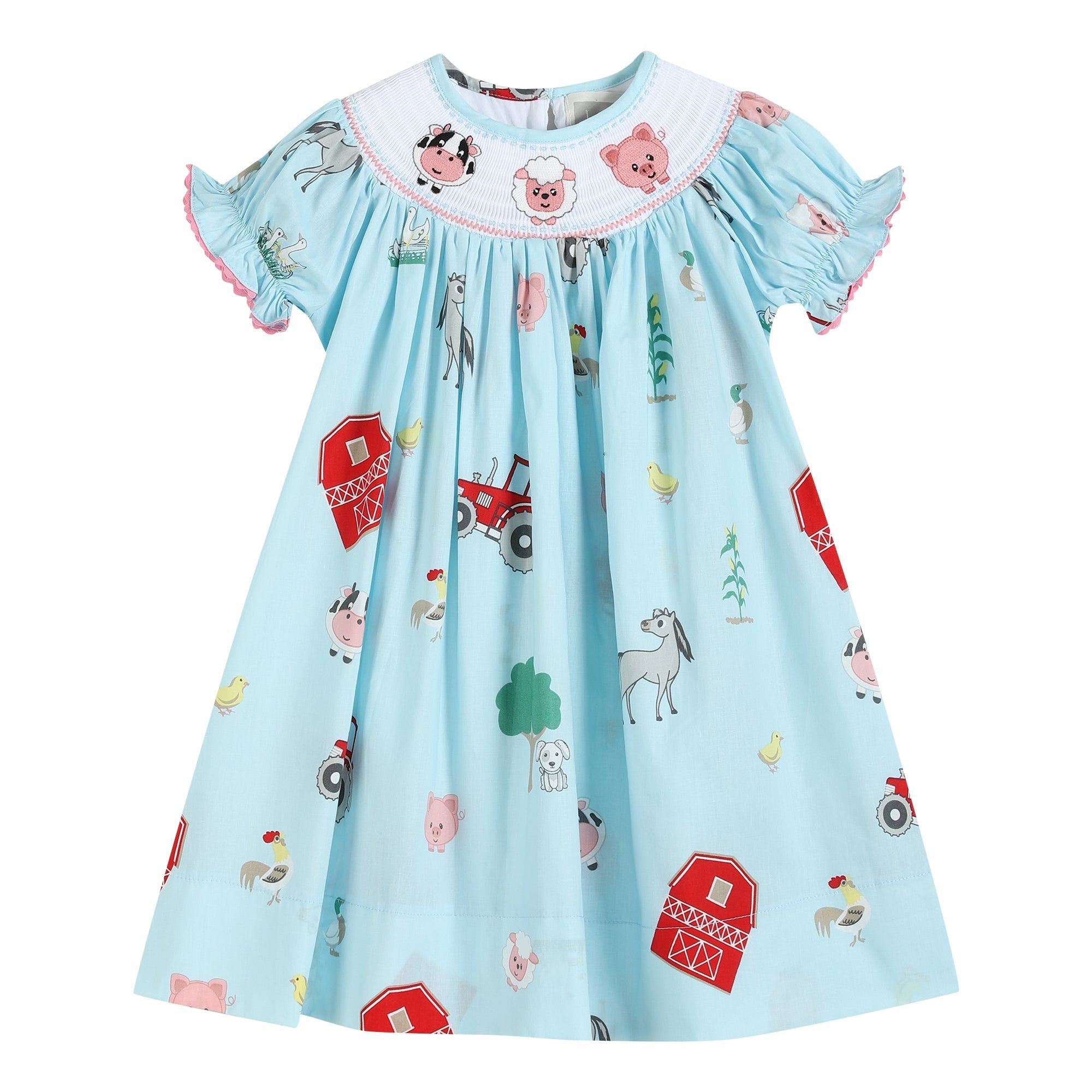 Barnyard Print Farm Animal Smocked Bishop Dress