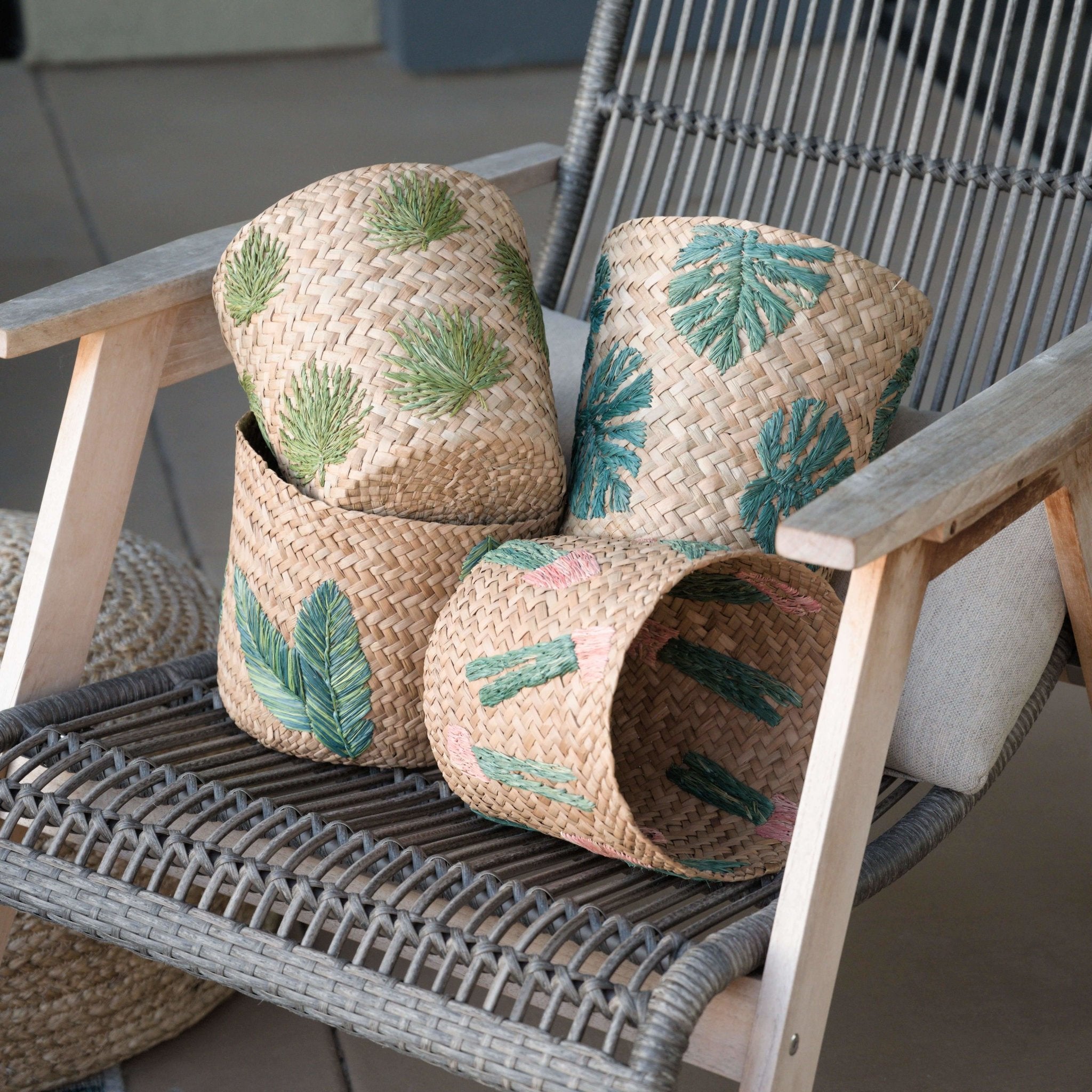 Monstera Embroidered Soft Seagrass Planter - Woven Baskets | Likhâ
