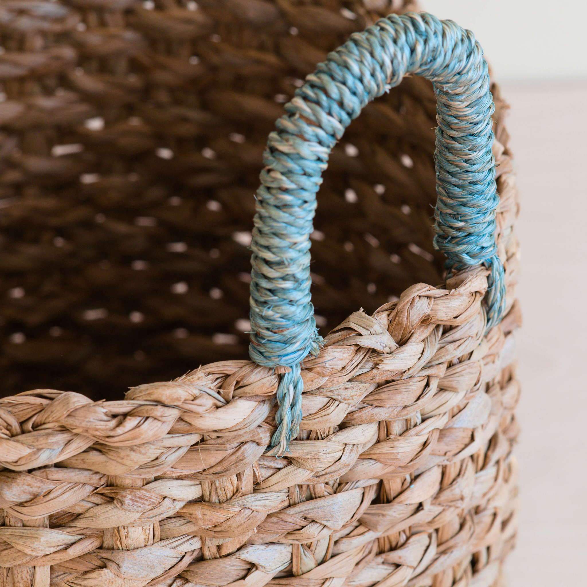 Seagrass Woven Baskets With Sky Blue Handle Set Of 3 - Straw Baskets | Likhâ