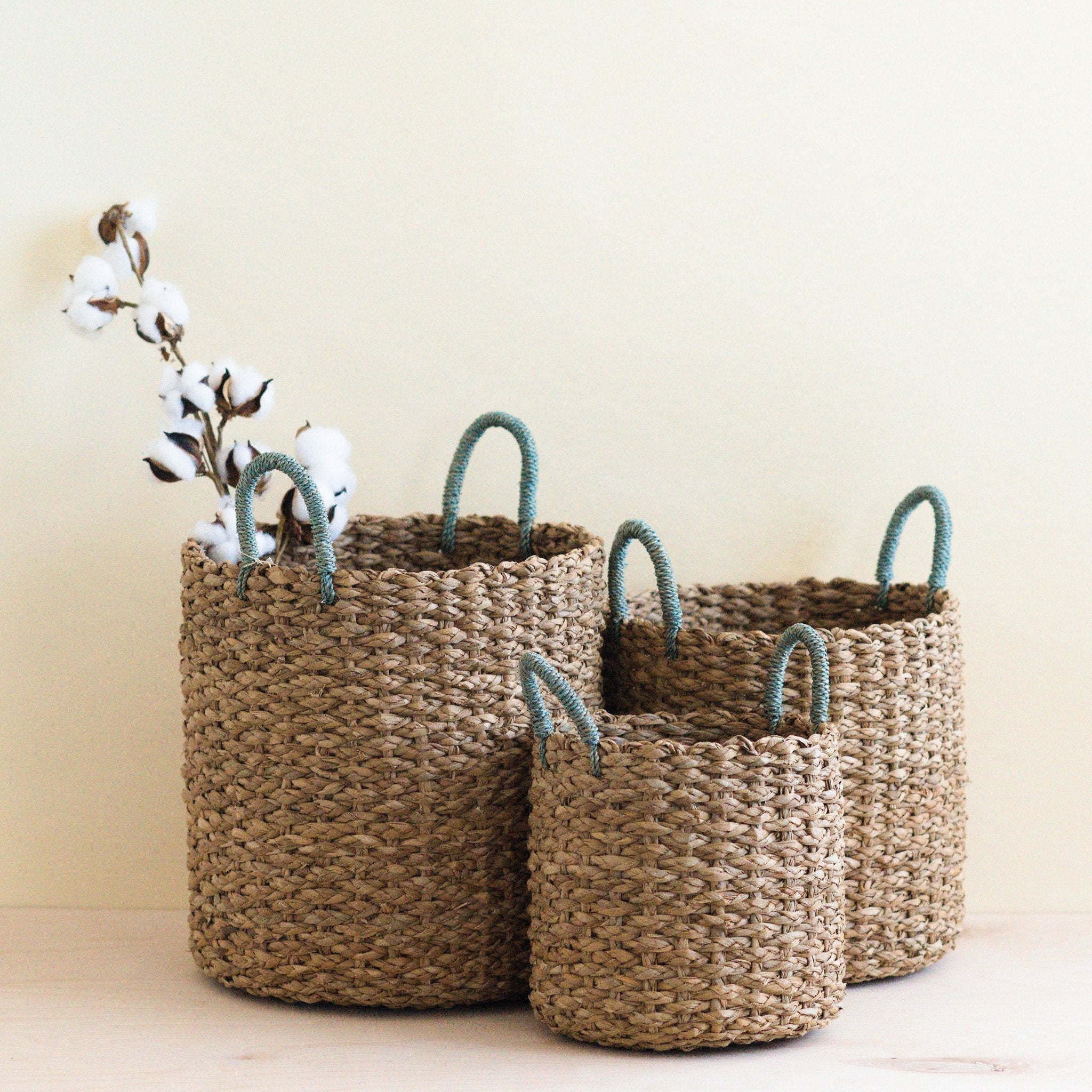 Seagrass Woven Baskets With Sky Blue Handle Set Of 3 - Straw Baskets | Likhâ