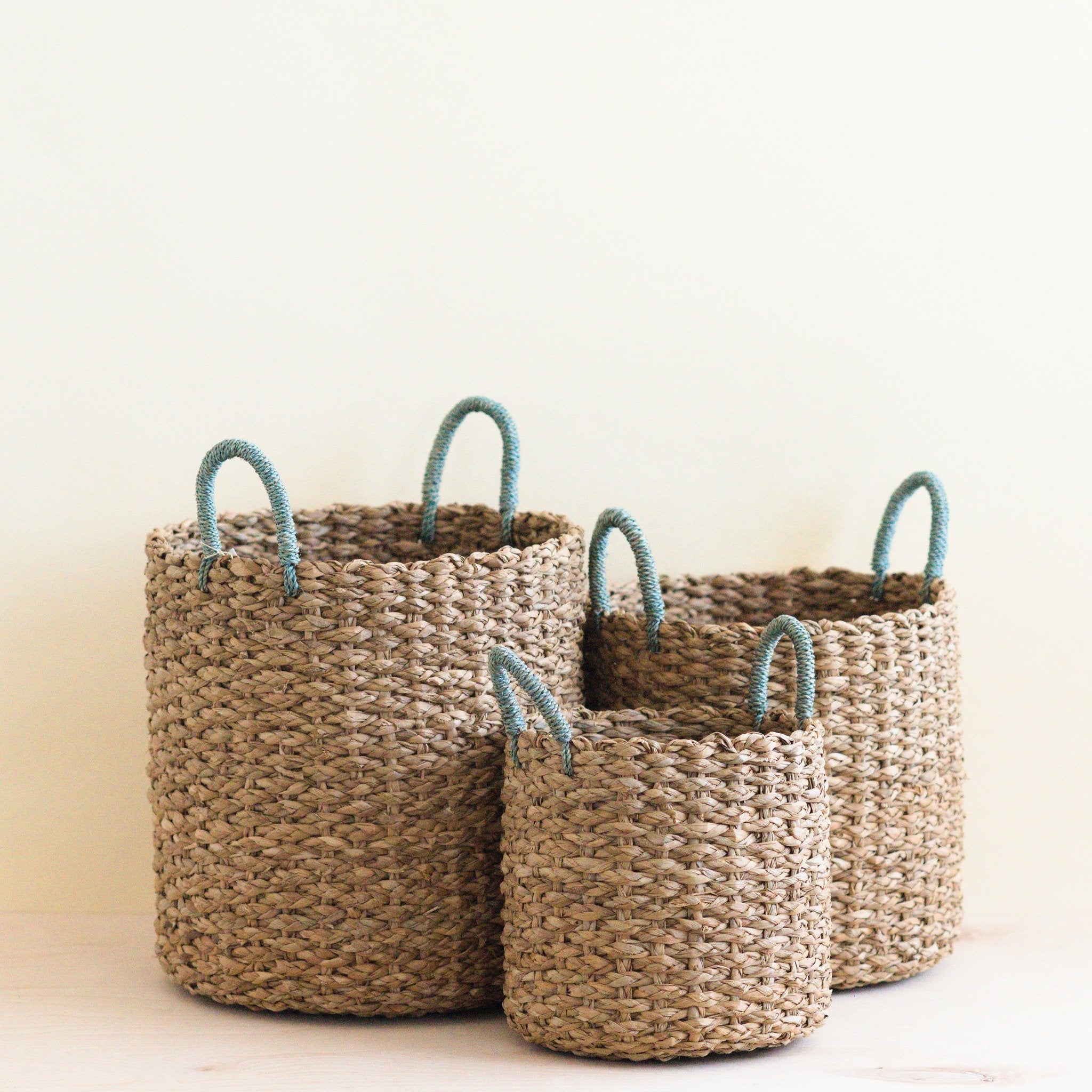 Seagrass Woven Baskets With Sky Blue Handle Set Of 3 - Straw Baskets | Likhâ