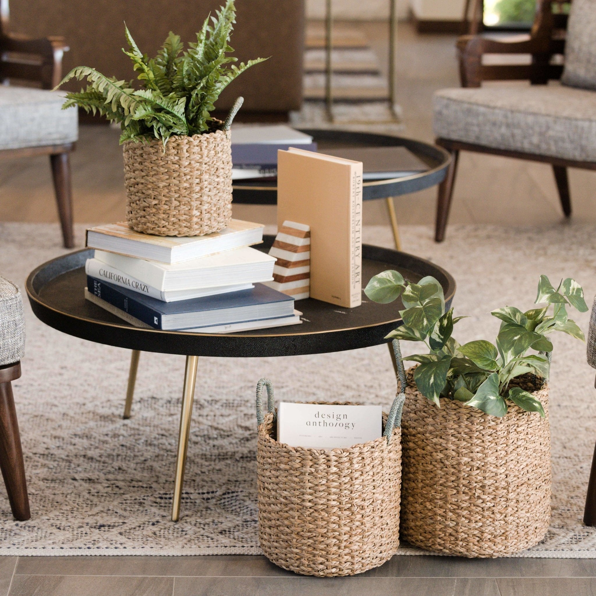 Seagrass Woven Baskets With Sky Blue Handle Set Of 3 - Straw Baskets | Likhâ