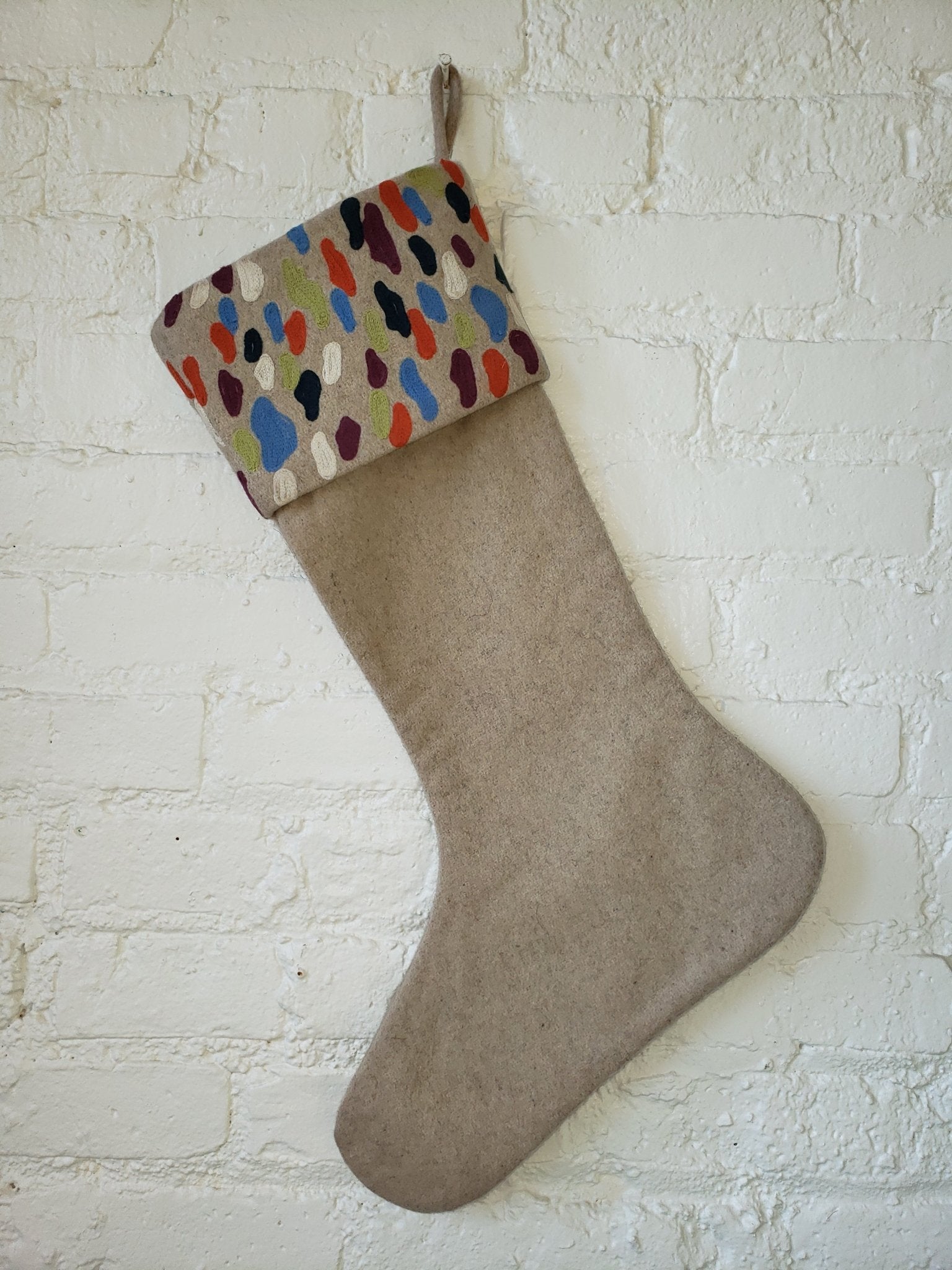 Confetti Design Crewel Cuff Beige Wool Christmas Stocking