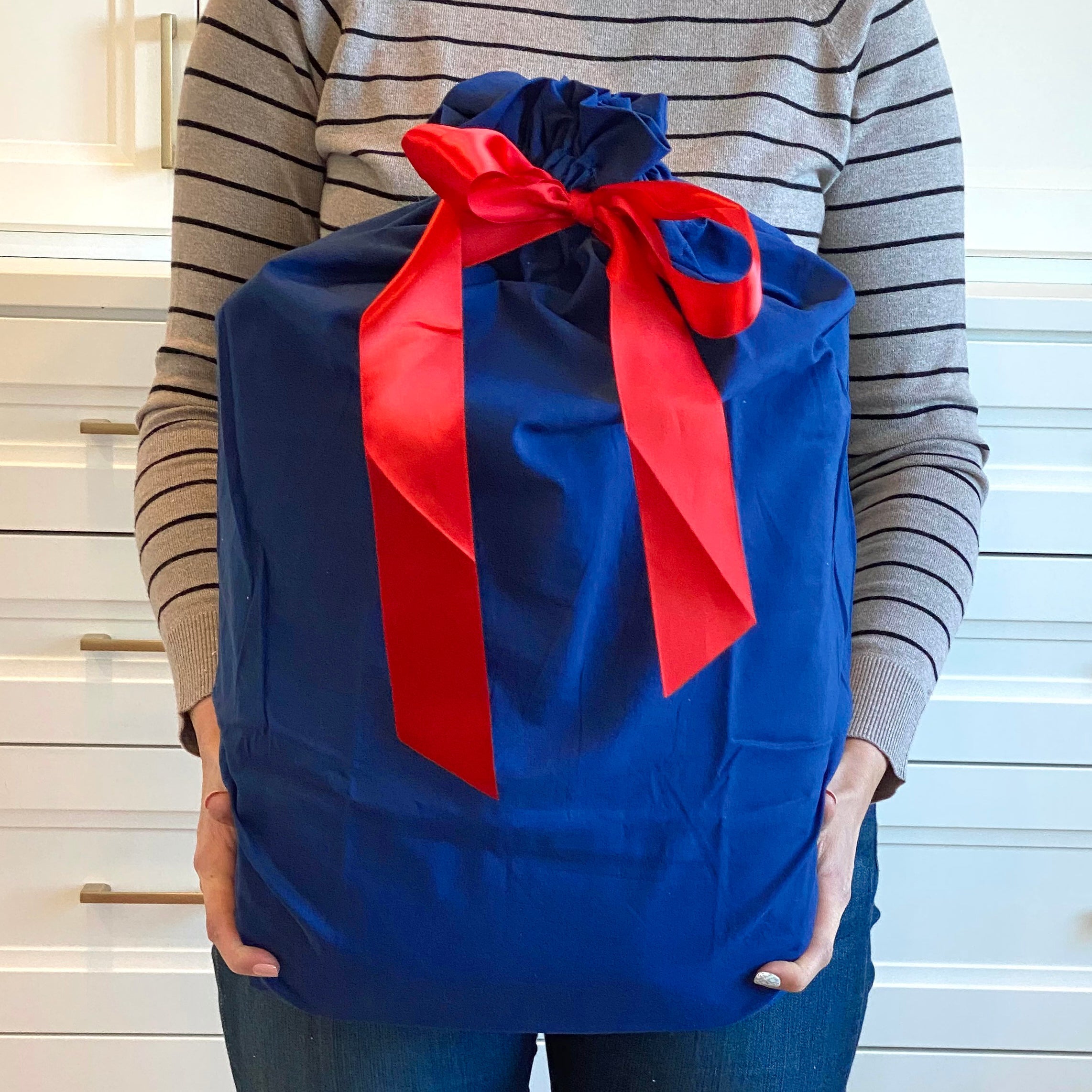 Evertie: Large Blue Tie Bag With Satin Ribbon Closure