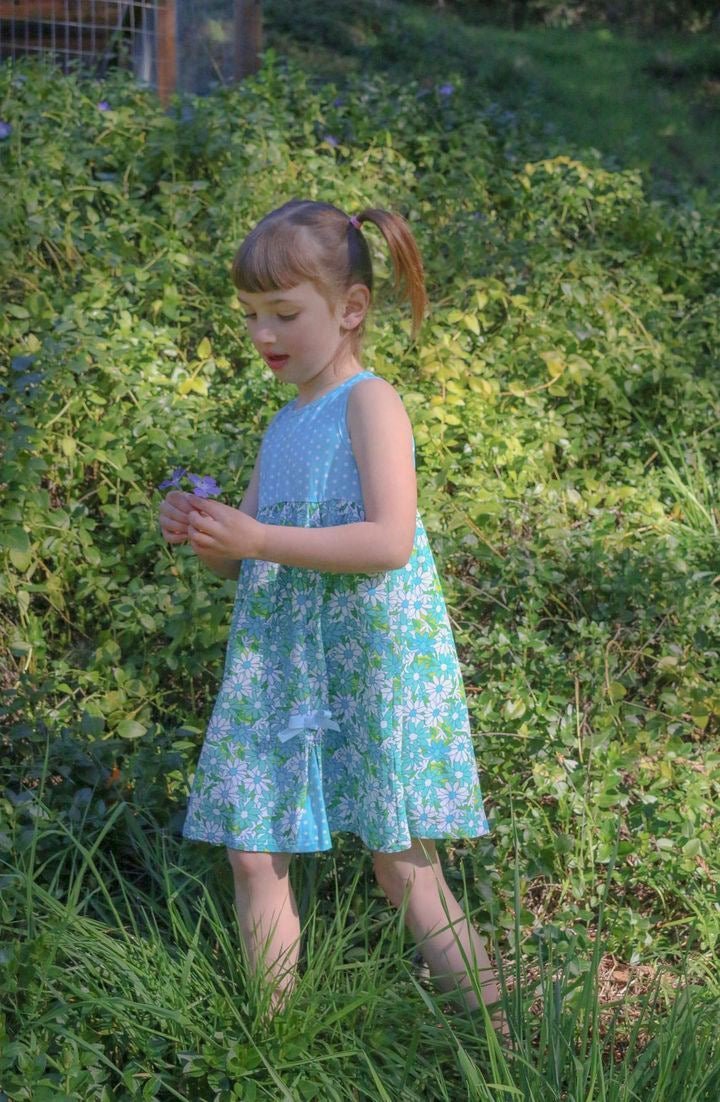 Blue Flower Power And Polka Dot Dress For Baby And Toddler Girls