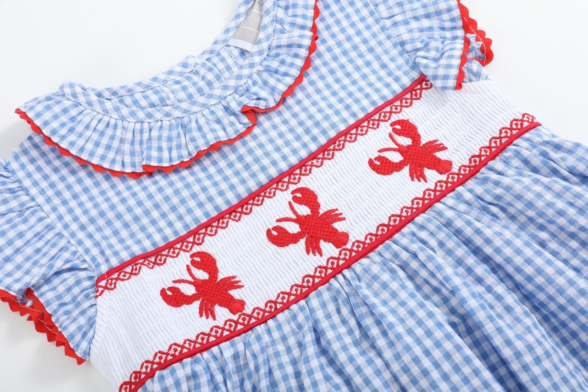 Blue Gingham Crawfish Smocked Dress