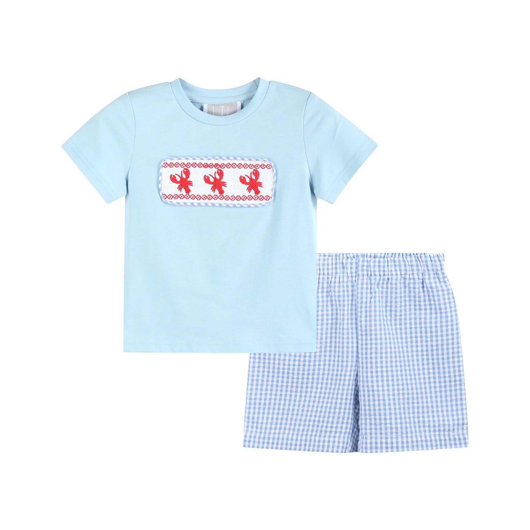 Blue Gingham Crawfish Smocked Shirt And Shorts Set